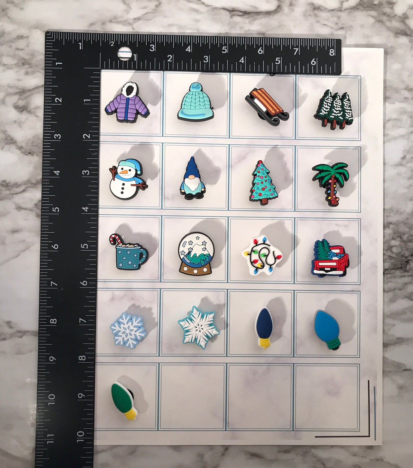 Winter shoe charms for your crocs, blue and green Christmas themed croc compatible charms