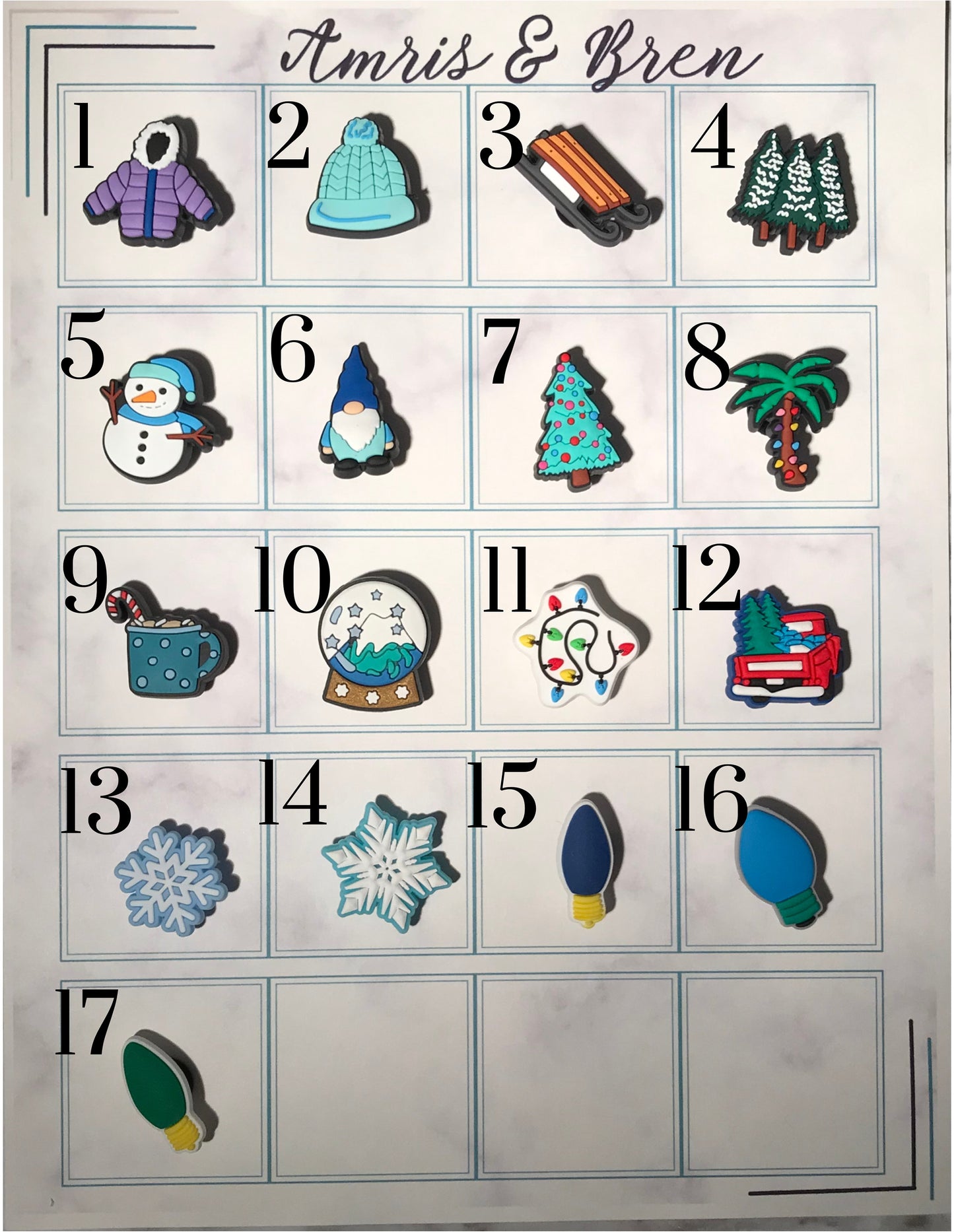 Winter shoe charms for your crocs, blue and green Christmas themed croc compatible charms