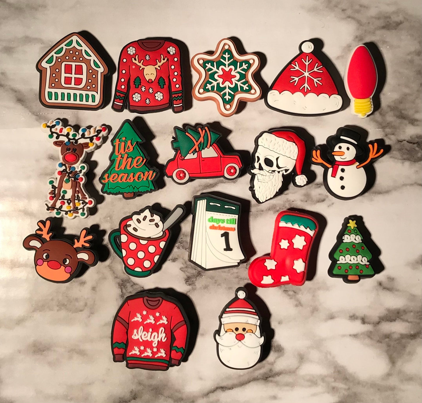 New Christmas themed shoe charms for your crocs, red and green holiday croc compatible charms