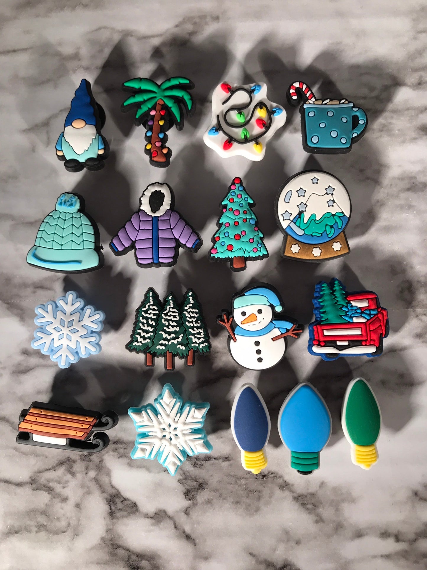 Winter shoe charms for your crocs, blue and green Christmas themed croc compatible charms