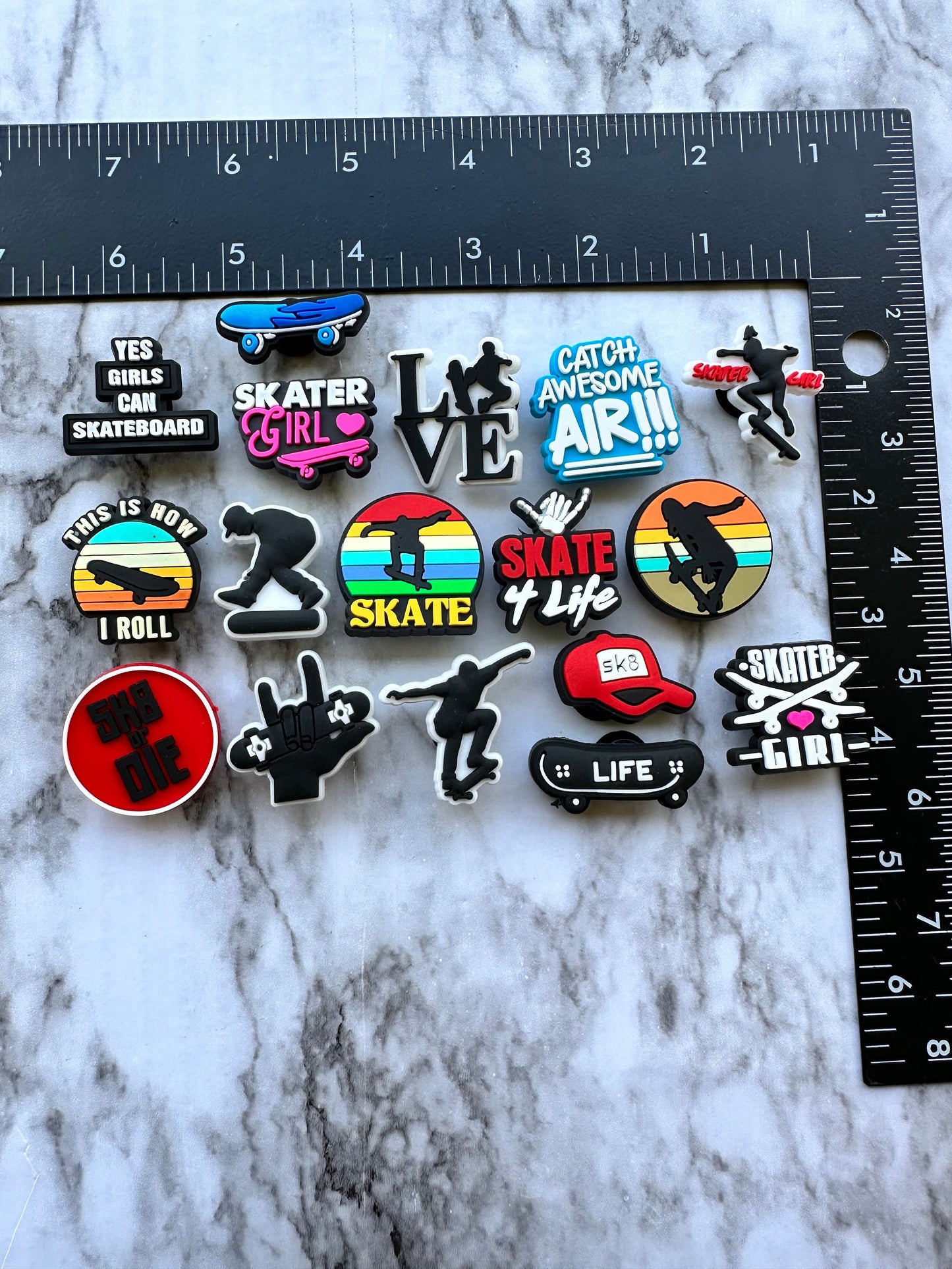 skater shoe charms, skater girl charms, croc compatible charms, charms for your crocs, skateboard shoe charm
