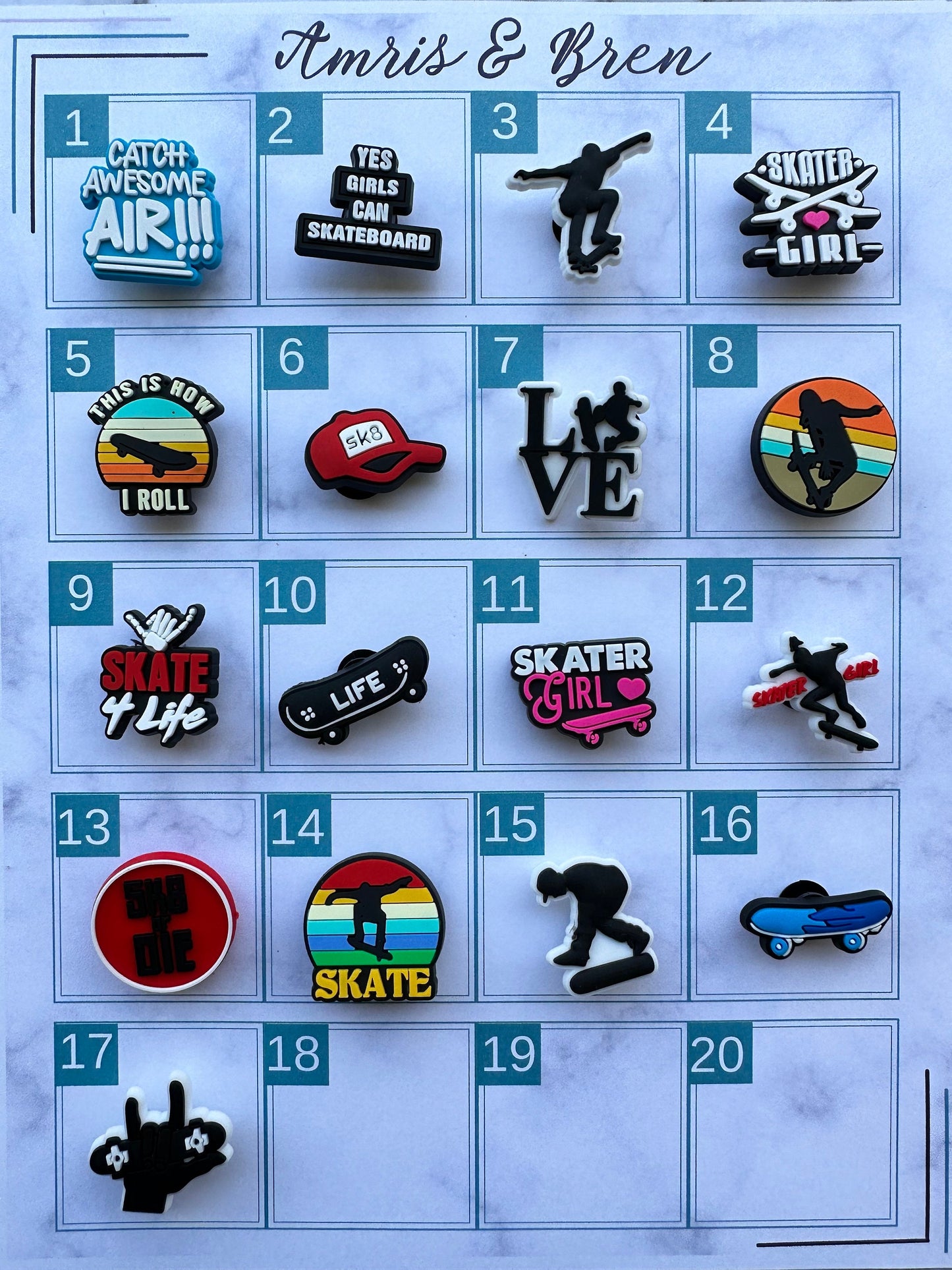 skater shoe charms, skater girl charms, croc compatible charms, charms for your crocs, skateboard shoe charm