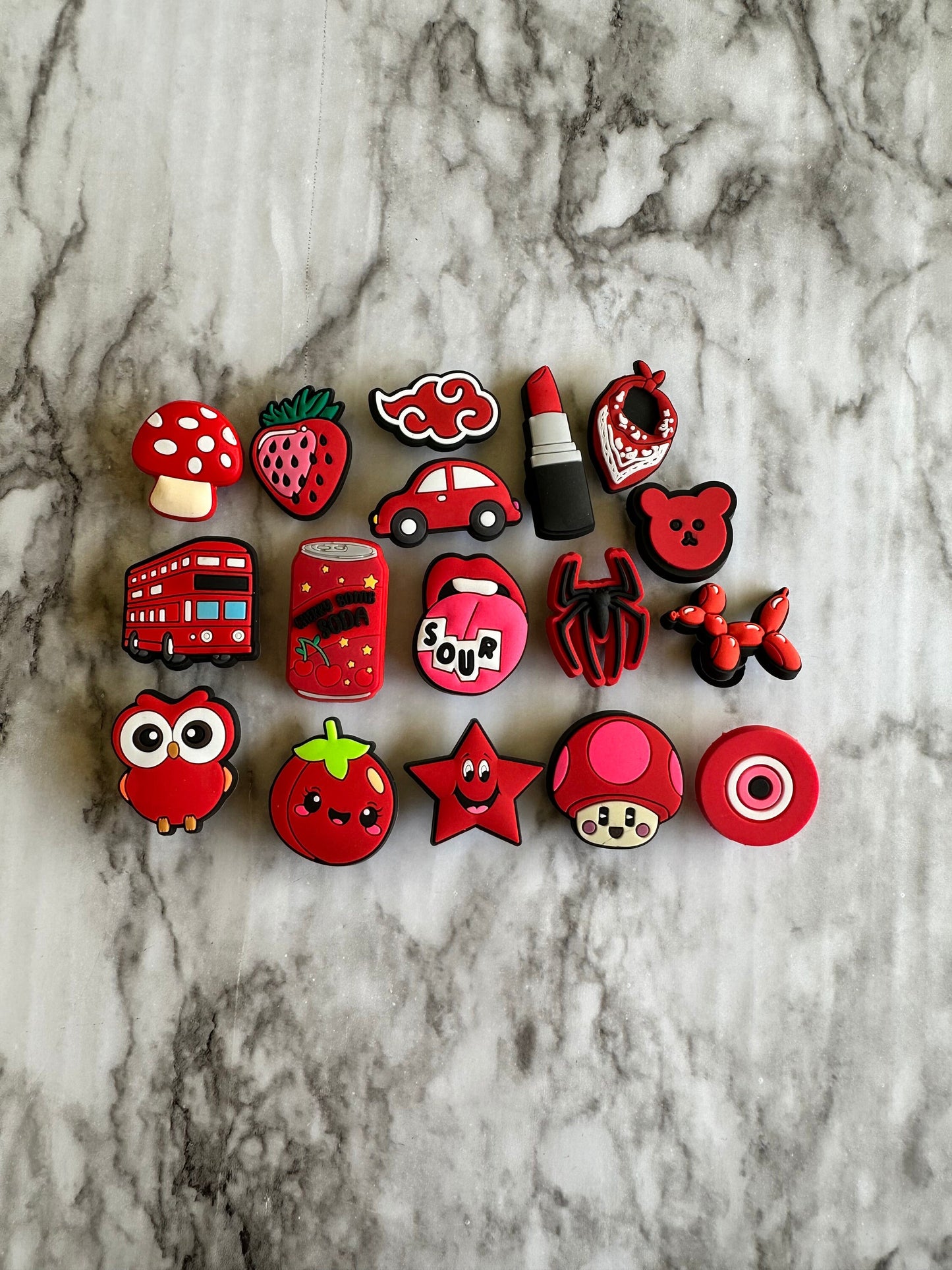 red shoe charms, croc compatible charms, pvc shoe charms, plastic charms for crocs, red charms for your crocs, bear shoe charms