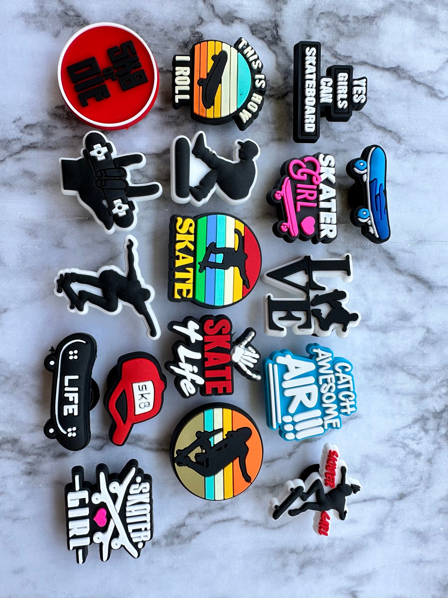skater shoe charms, skater girl charms, croc compatible charms, charms for your crocs, skateboard shoe charm