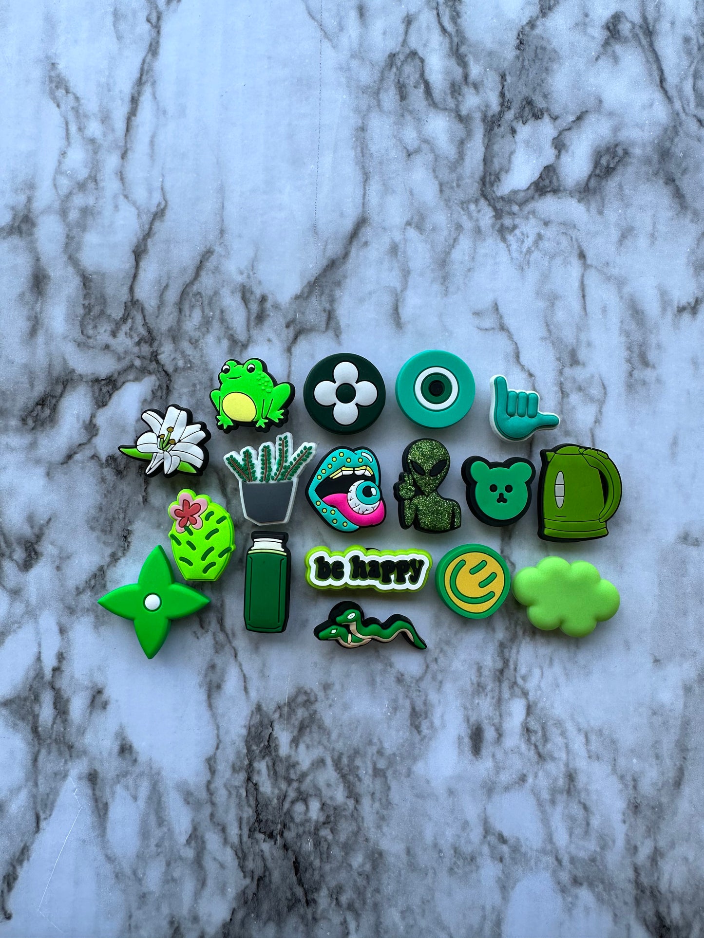 Green themed shoe charms, croc compatible shoe charms, green bear shoe charms, cactus charms, green evil eye charms