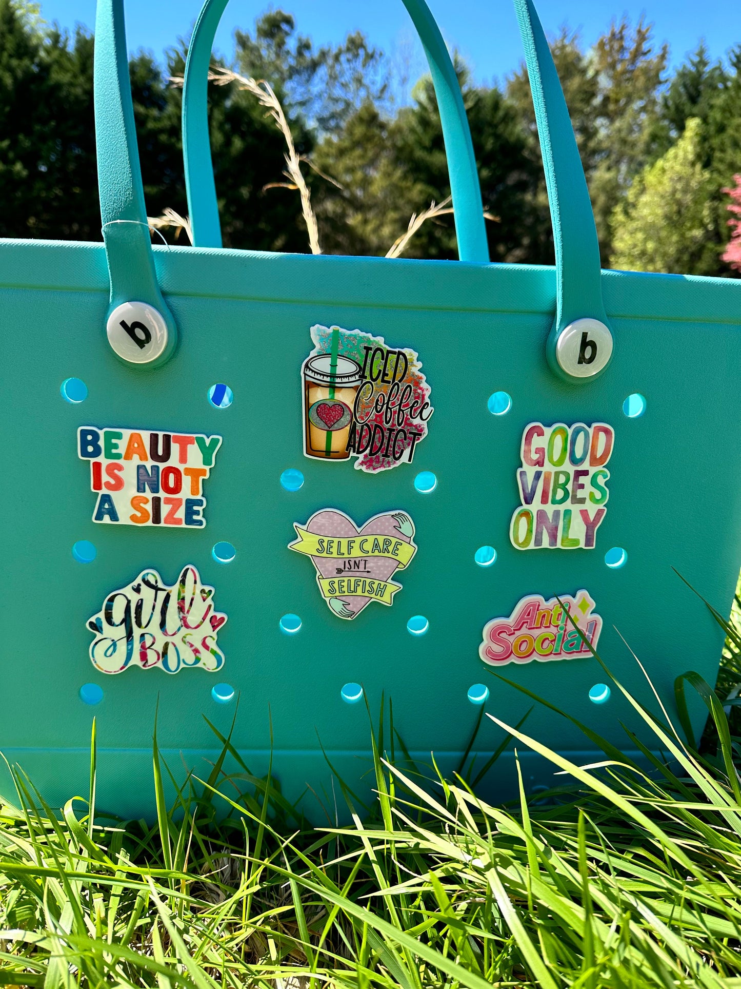 Bogg compatible charms, purse charms with positive sayings, iced coffee, girl boss, charms for original Boggs, charms for baby bogg