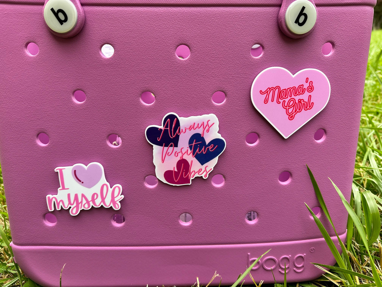 pink and purple bogg compatible charms, mama's girl charm for bogg bag, positive vibes, I love myself