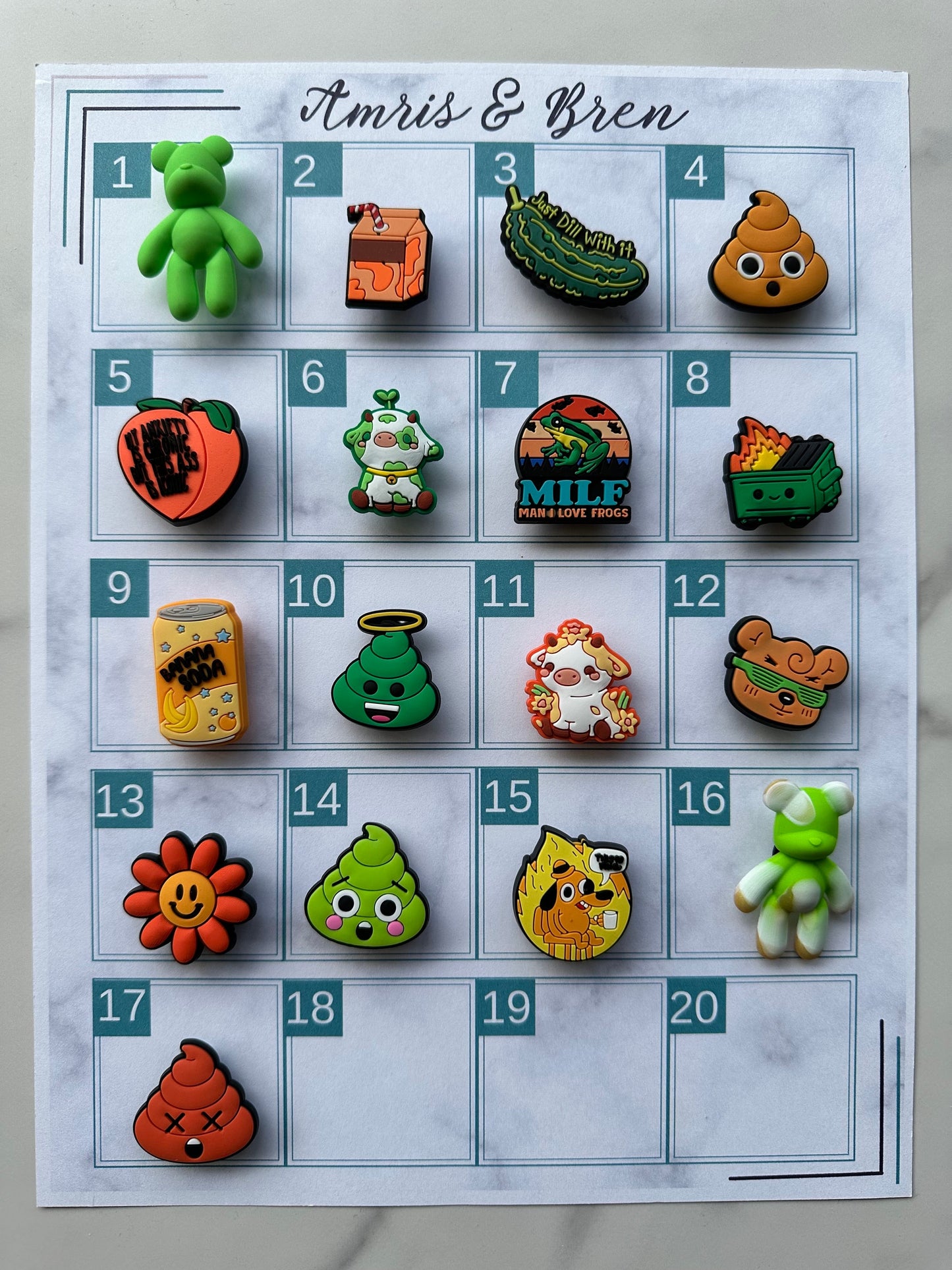 Green and orange themed shoe charms, croc compatible shoe charms, green bear shoe charms, POO charms, orange soda charm, cow charm for crocs