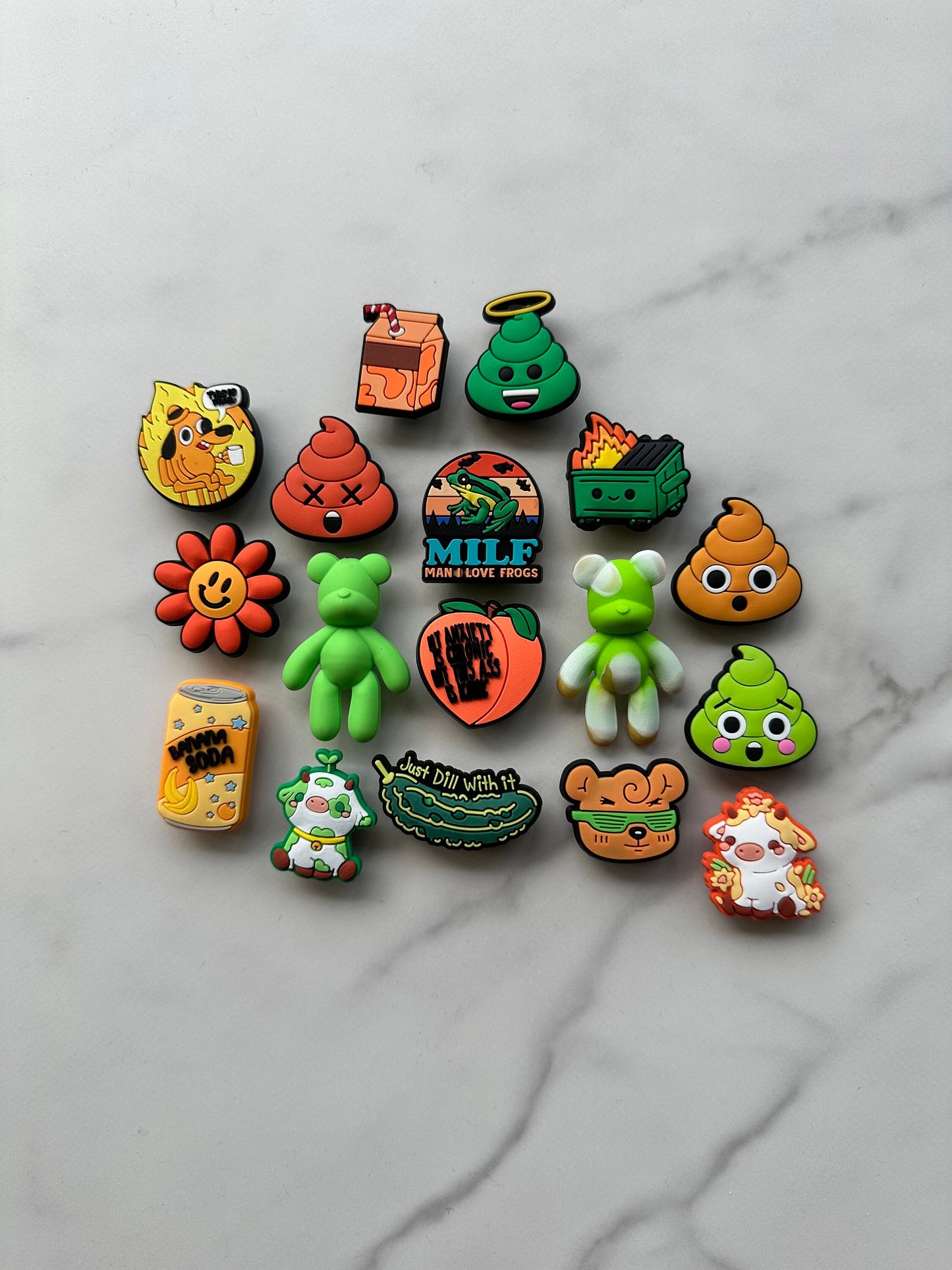 Green and orange themed shoe charms, croc compatible shoe charms, green bear shoe charms, POO charms, orange soda charm, cow charm for crocs