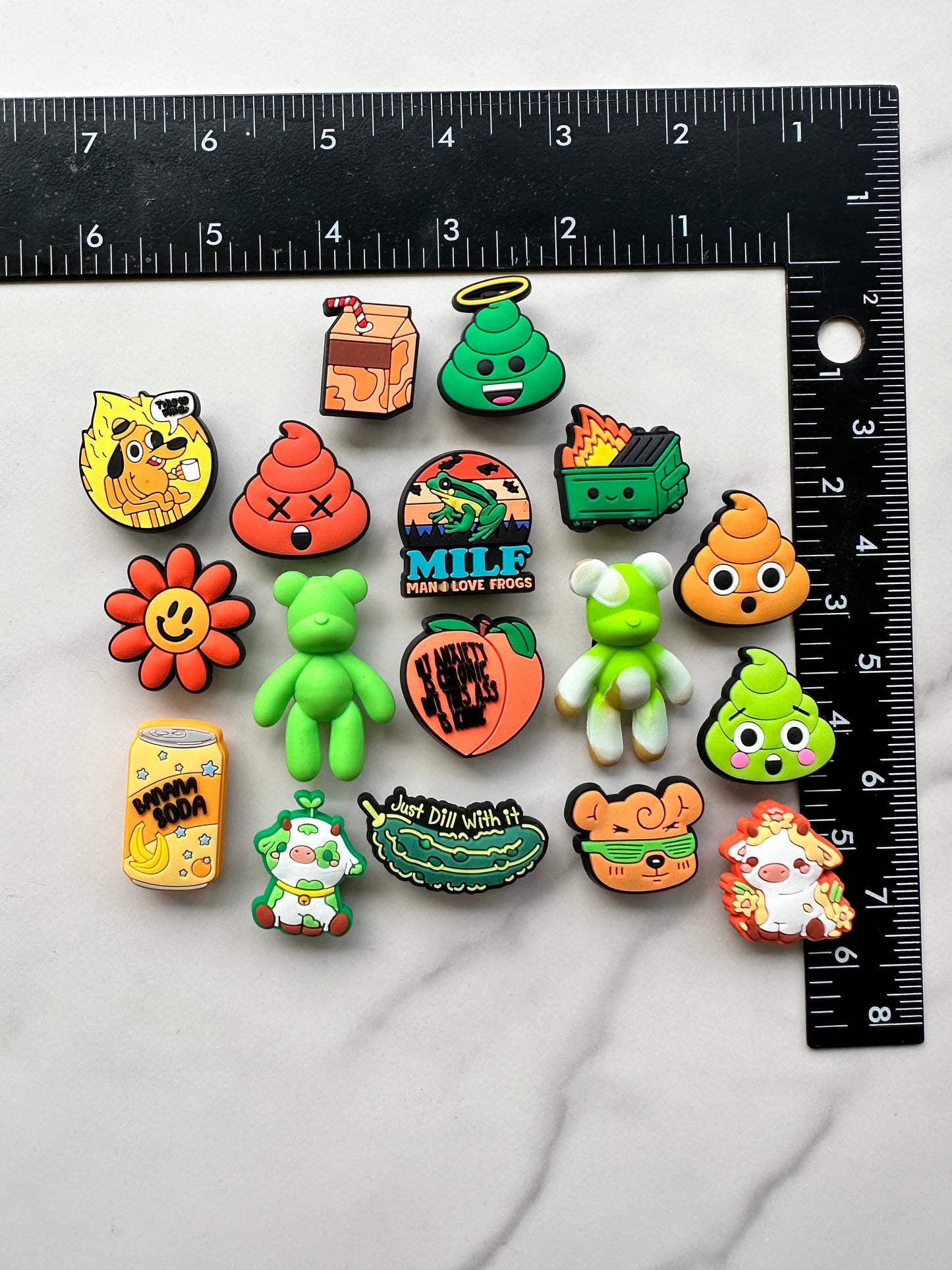 Green and orange themed shoe charms, croc compatible shoe charms, green bear shoe charms, POO charms, orange soda charm, cow charm for crocs