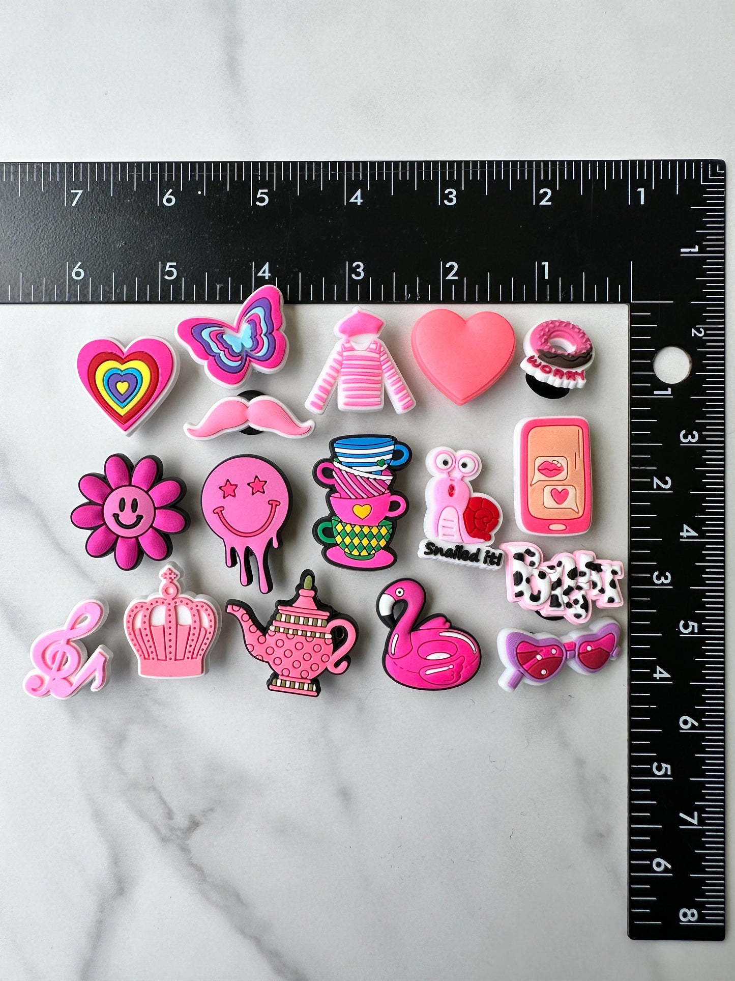 cute pink shoe charms for your crocs, Croc compatible shoe charms, evil eye shoe charms for Crocs, pink smiley face charm, pink flower charm