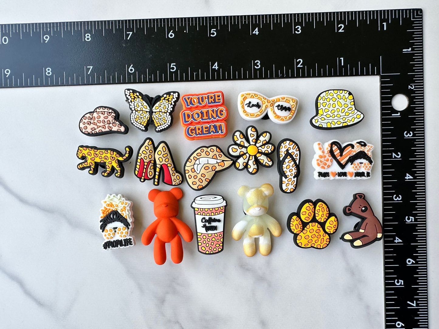 Orange themed shoe charms, croc compatible shoe charms, orange bear shoe charms, orange cheetah print charm, orange butterfly, leopard print
