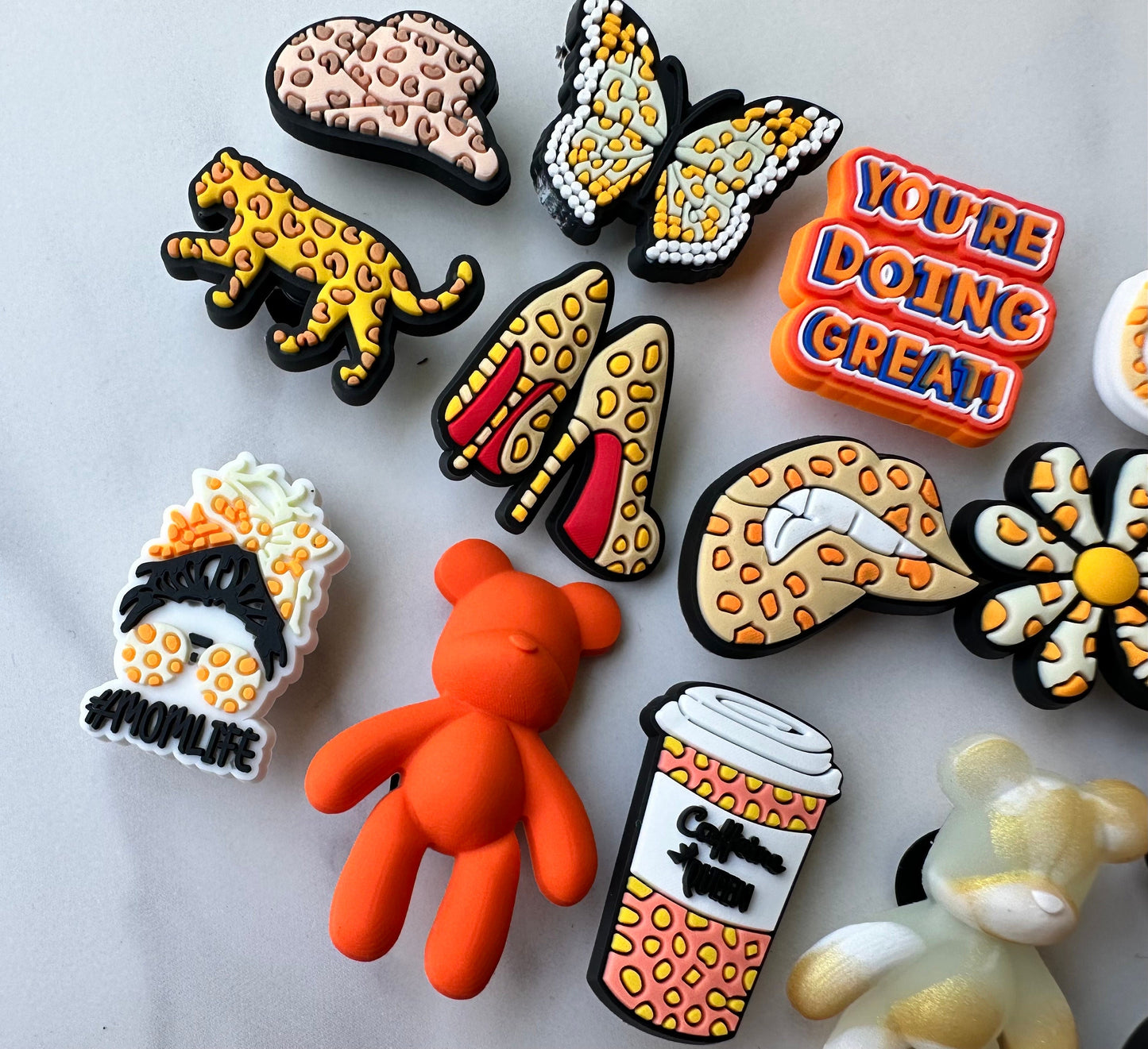 Orange themed shoe charms, croc compatible shoe charms, orange bear shoe charms, orange cheetah print charm, orange butterfly, leopard print