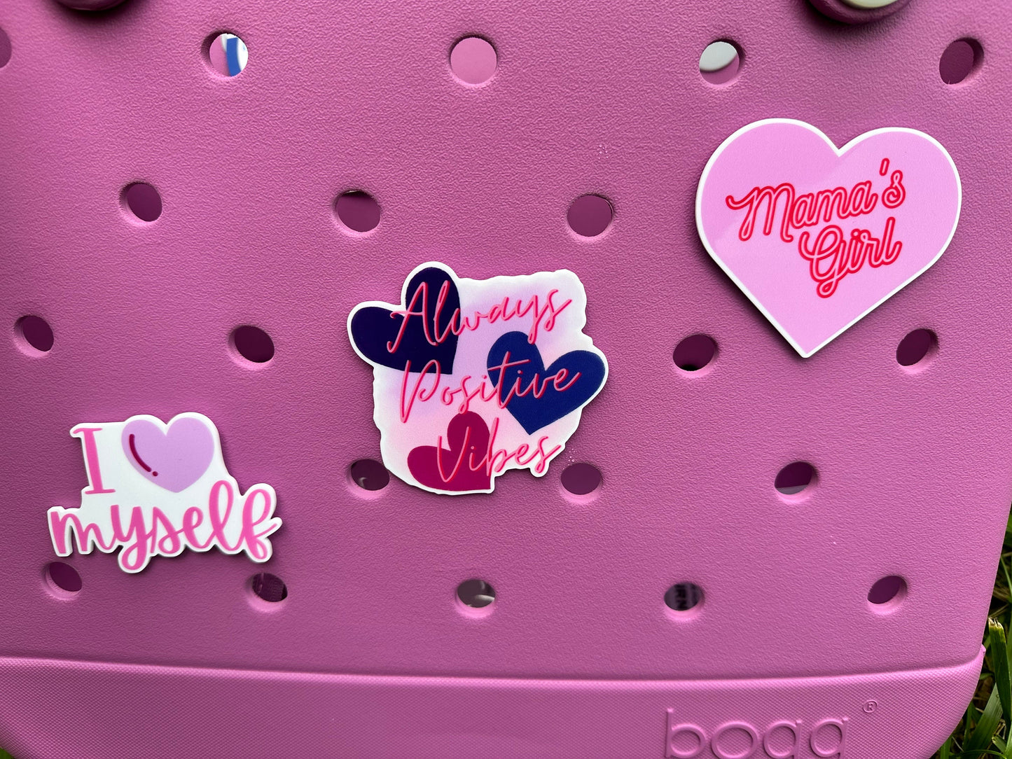 pink and purple bogg compatible charms, mama's girl charm for bogg bag, positive vibes, I love myself