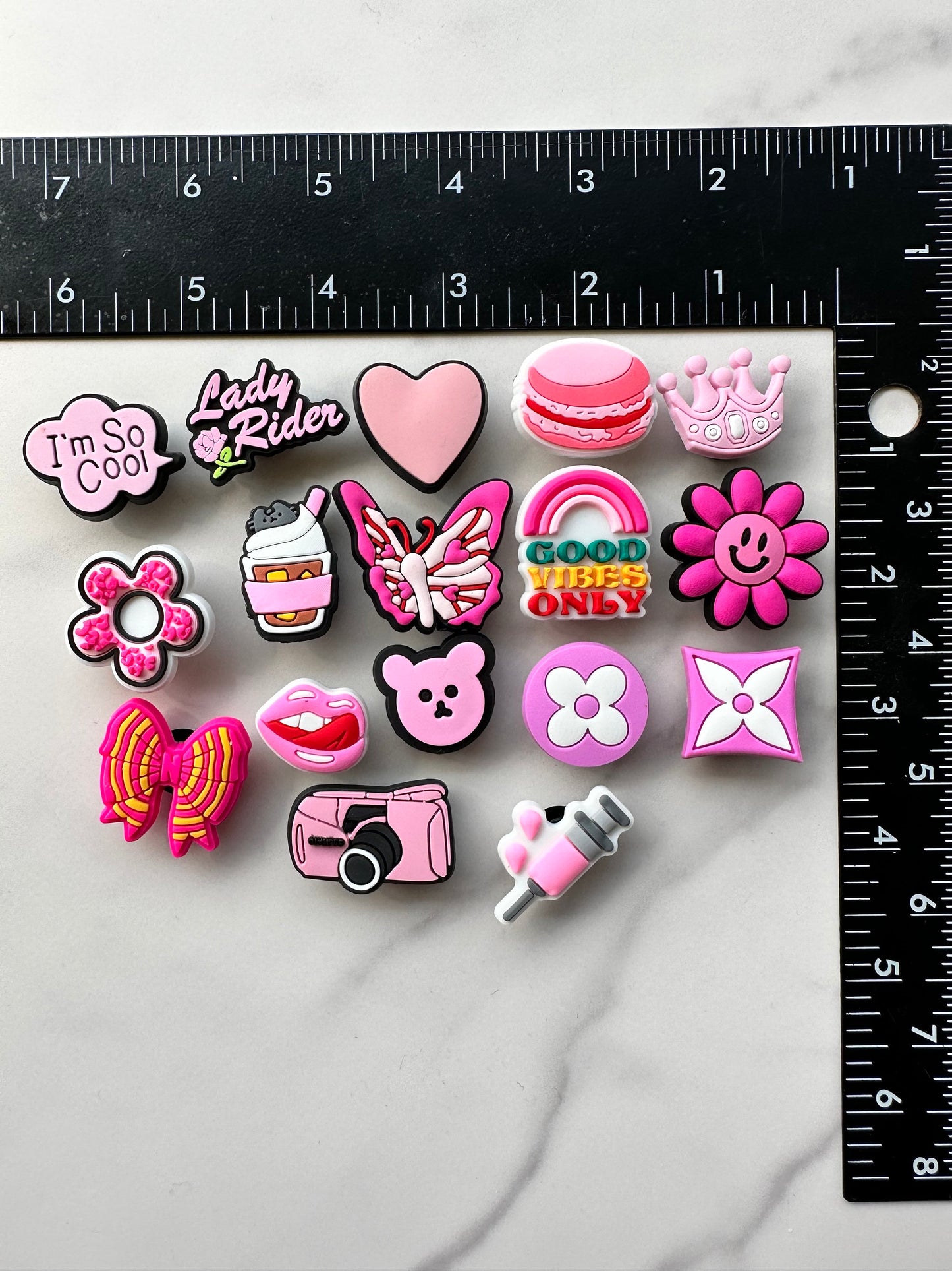 New trending Pink and white croc compatible shoe charms, clog charms, good vibes only, shoe decoration, plastic shoe charms for crocs