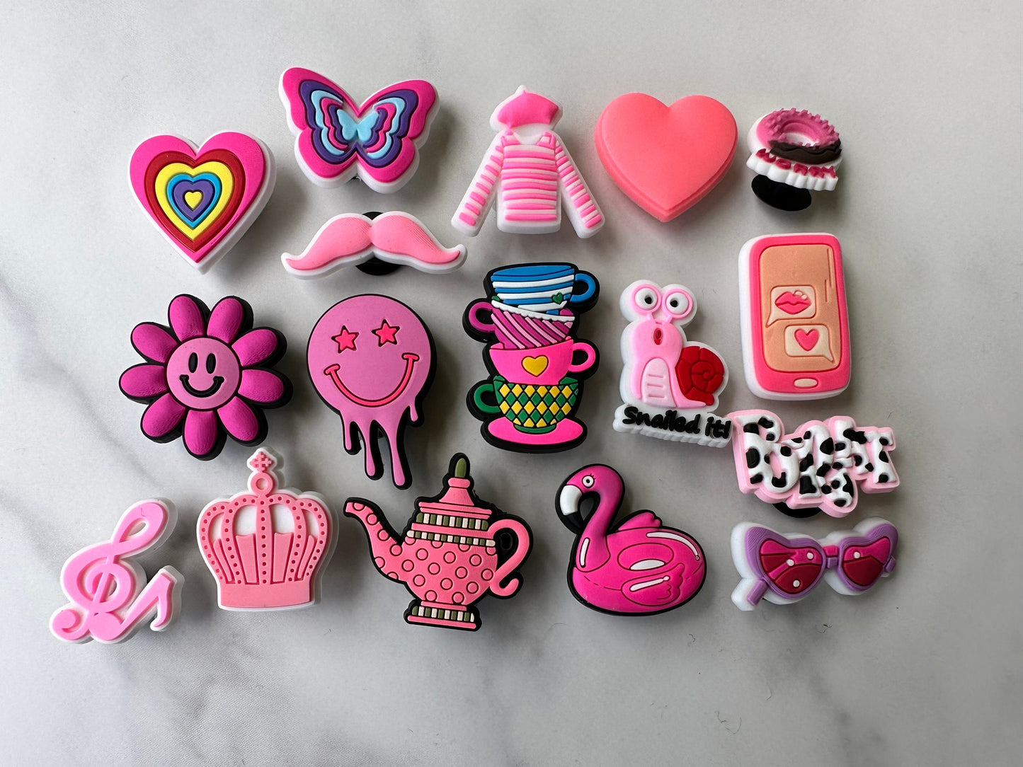 cute pink shoe charms for your crocs, Croc compatible shoe charms, evil eye shoe charms for Crocs, pink smiley face charm, pink flower charm