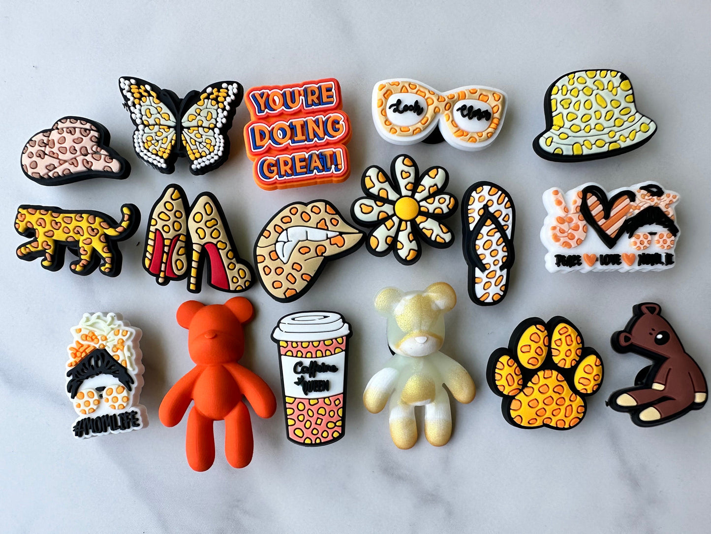 Orange themed shoe charms, croc compatible shoe charms, orange bear shoe charms, orange cheetah print charm, orange butterfly, leopard print