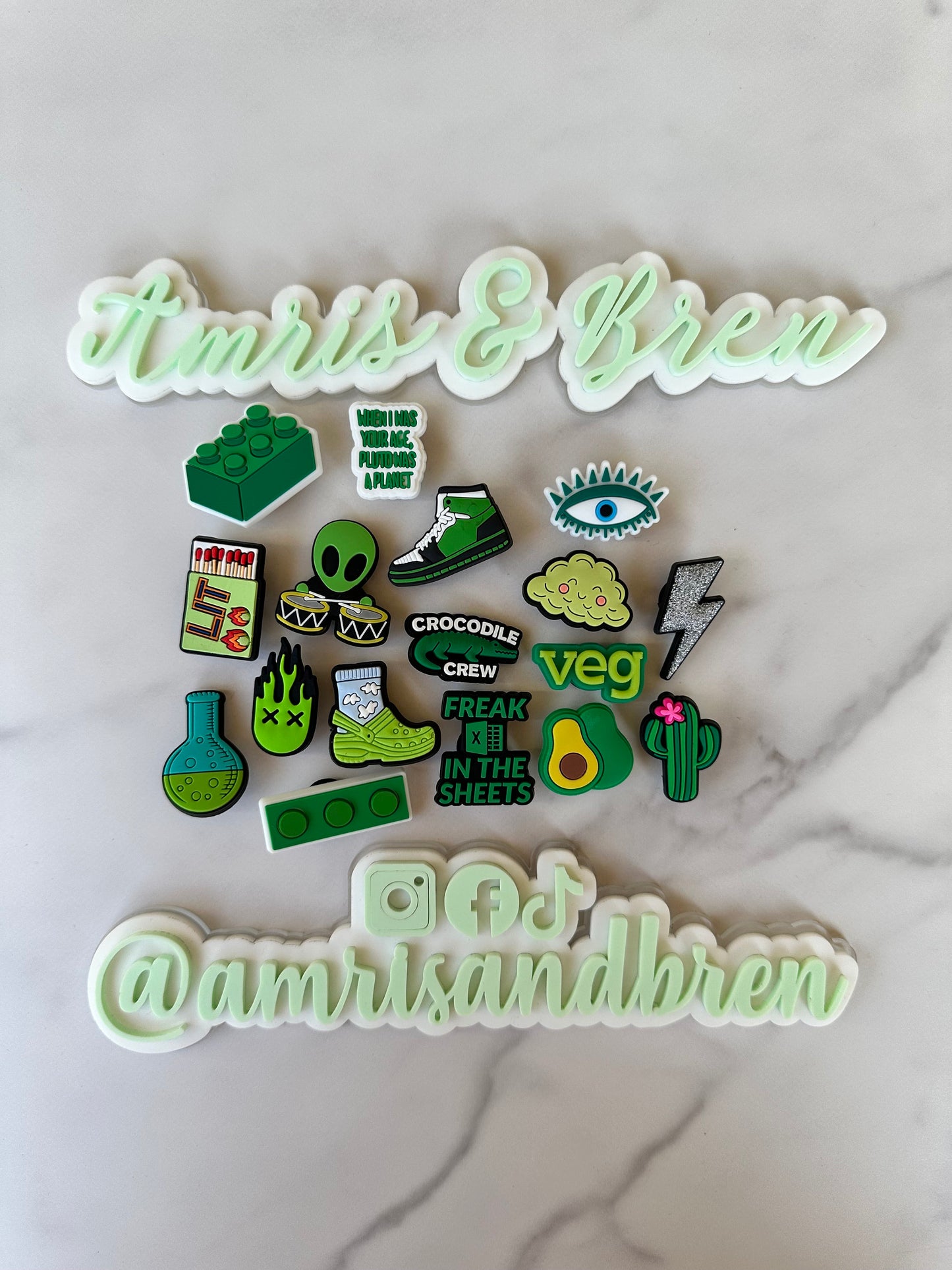 New trending green shoe charms for Crocs, croc compatible shoe jewelry, popular clog compatible shoe charms for shoes with holes