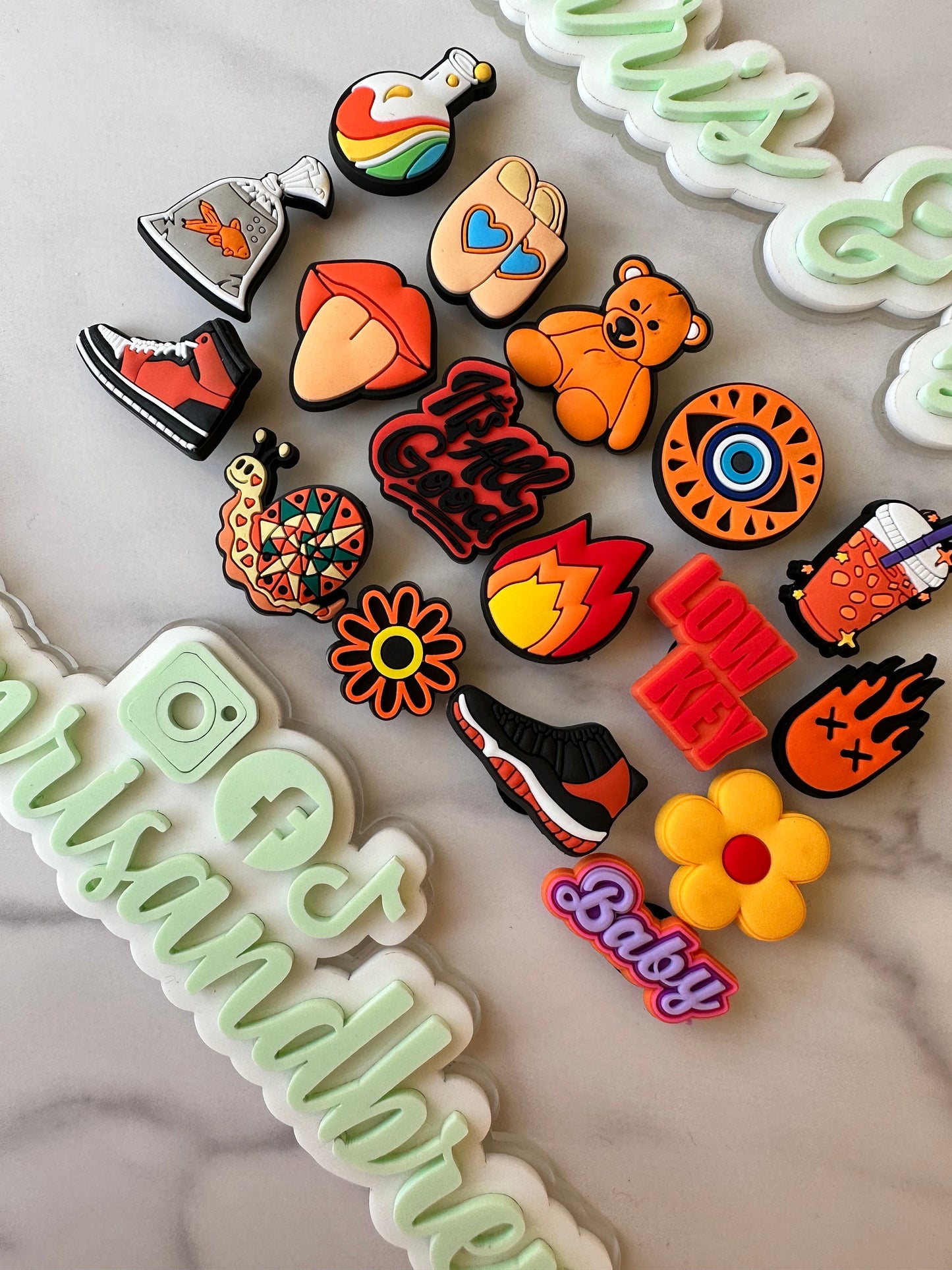 New orange croc compatible shoe charms, goldfish shoe charm, evil eye, orange flower charm, teddy bear charm, fire charms