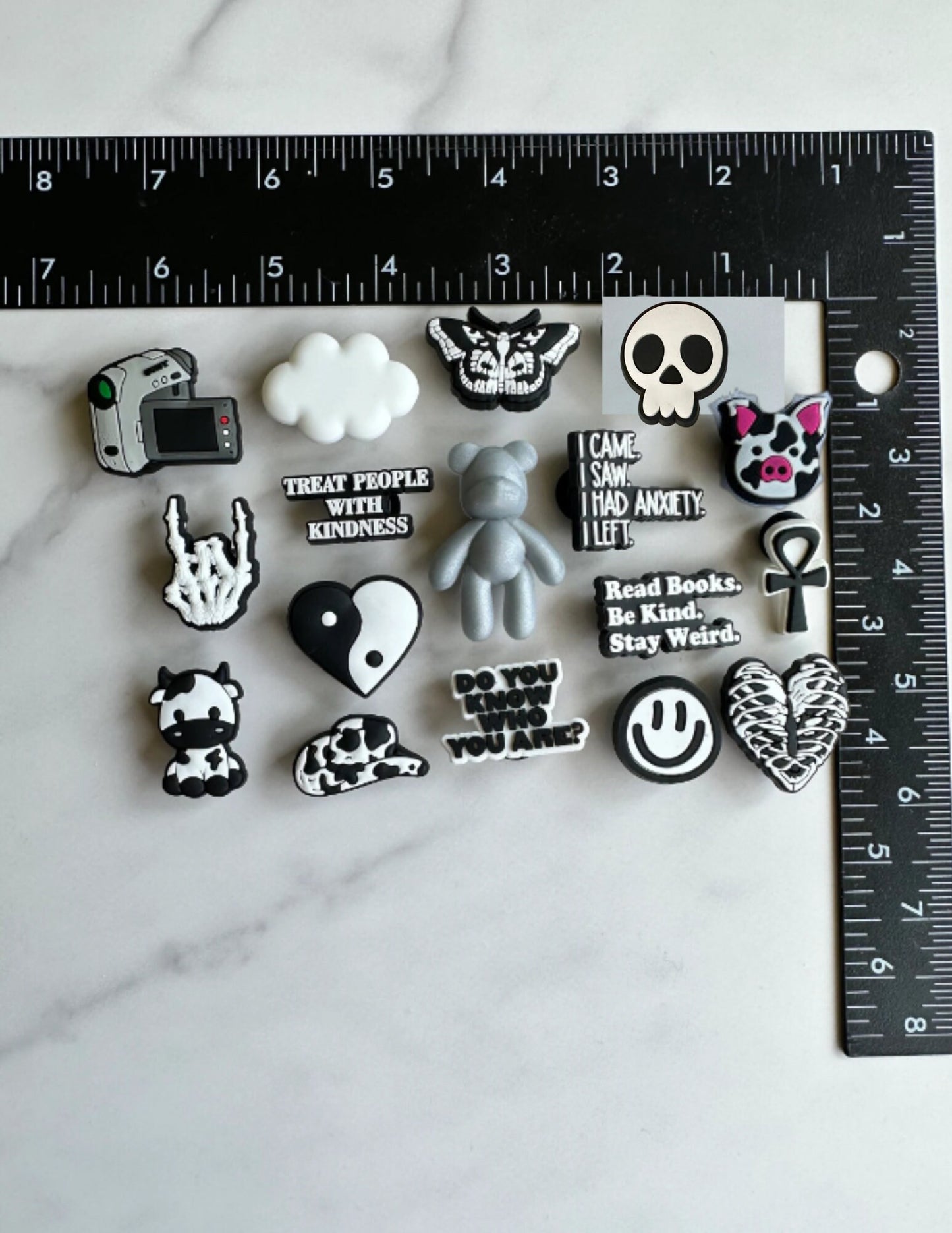 Trending Black and White Croc Compatible Shoe Charms For Crocs, cow print charms, yin yang charm, heart shoe charms, bear shoe charms