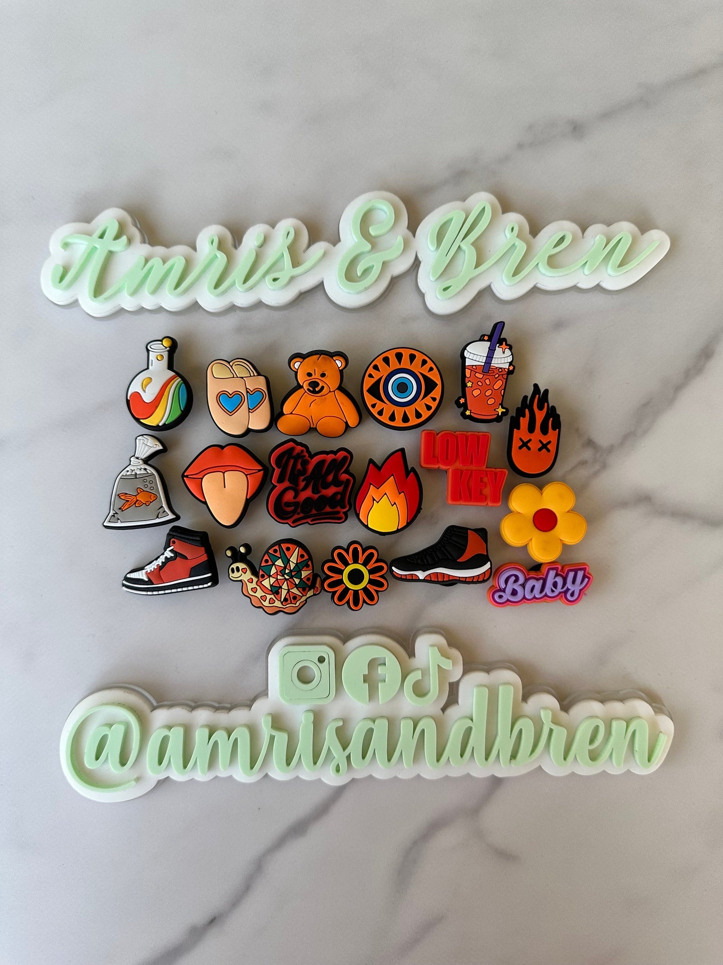 New orange croc compatible shoe charms, goldfish shoe charm, evil eye, orange flower charm, teddy bear charm, fire charms