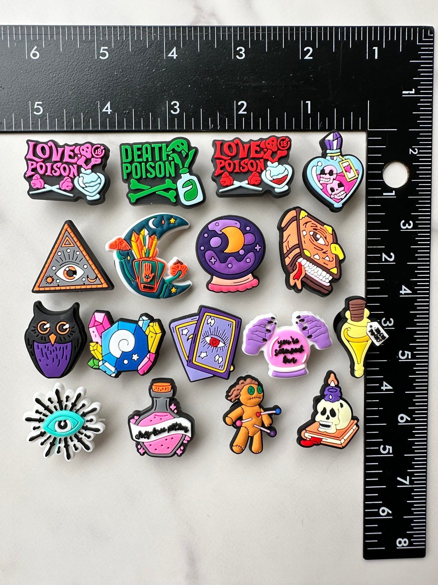 witch themed croc compatible shoe charms, trending magic clog charms, cute witch charms for crocs, moon water charms, moon charms, gems