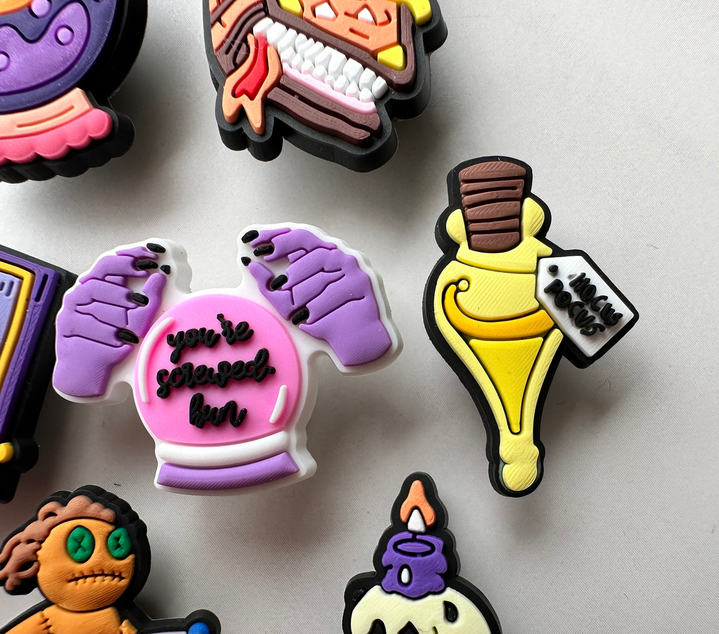 witch themed croc compatible shoe charms, trending magic clog charms, cute witch charms for crocs, moon water charms, moon charms, gems