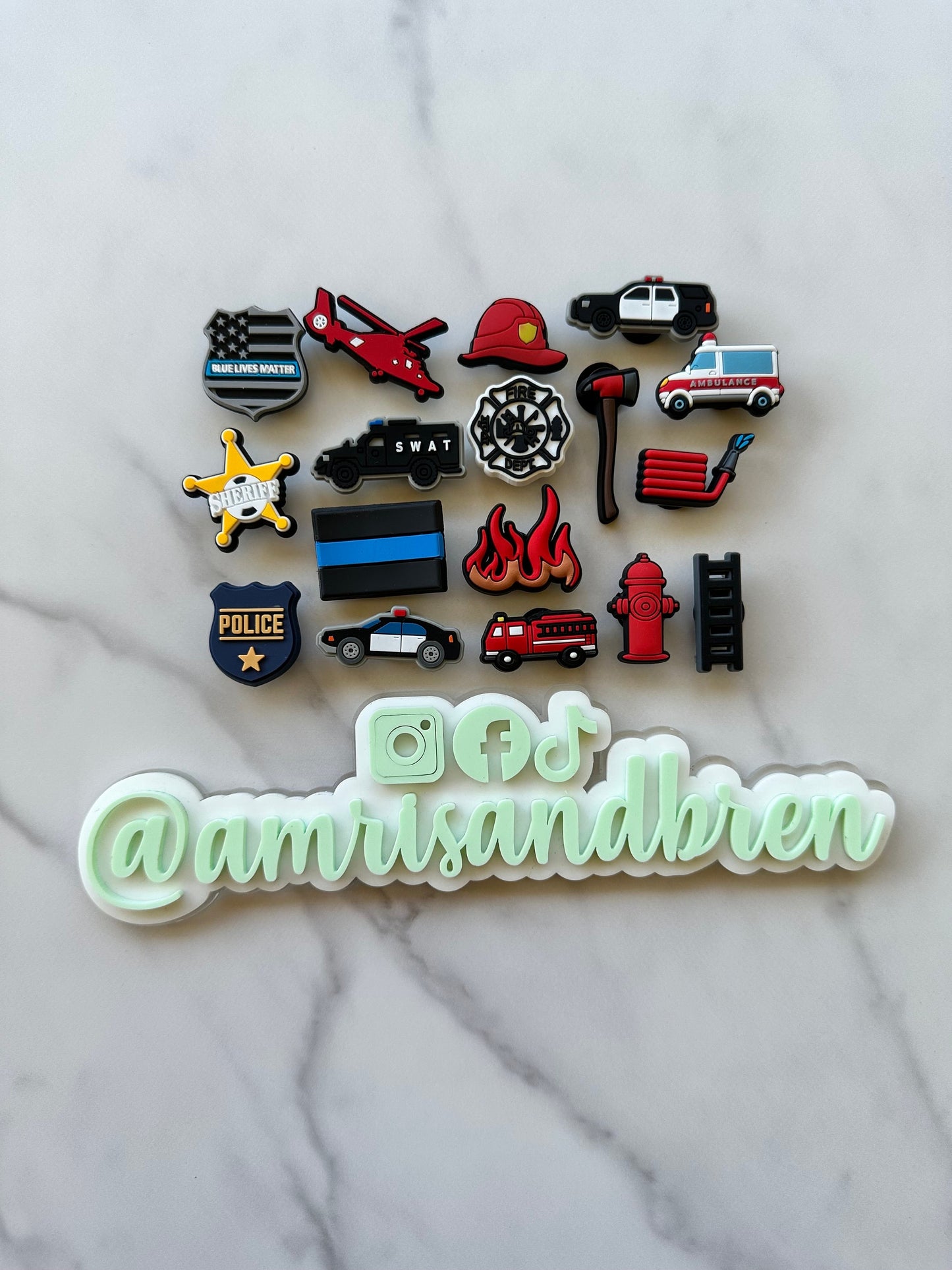 Police themed charms for your crocs, sheriff star charm for crocs, croc compatible firefighter themed shoe charms, police car charm