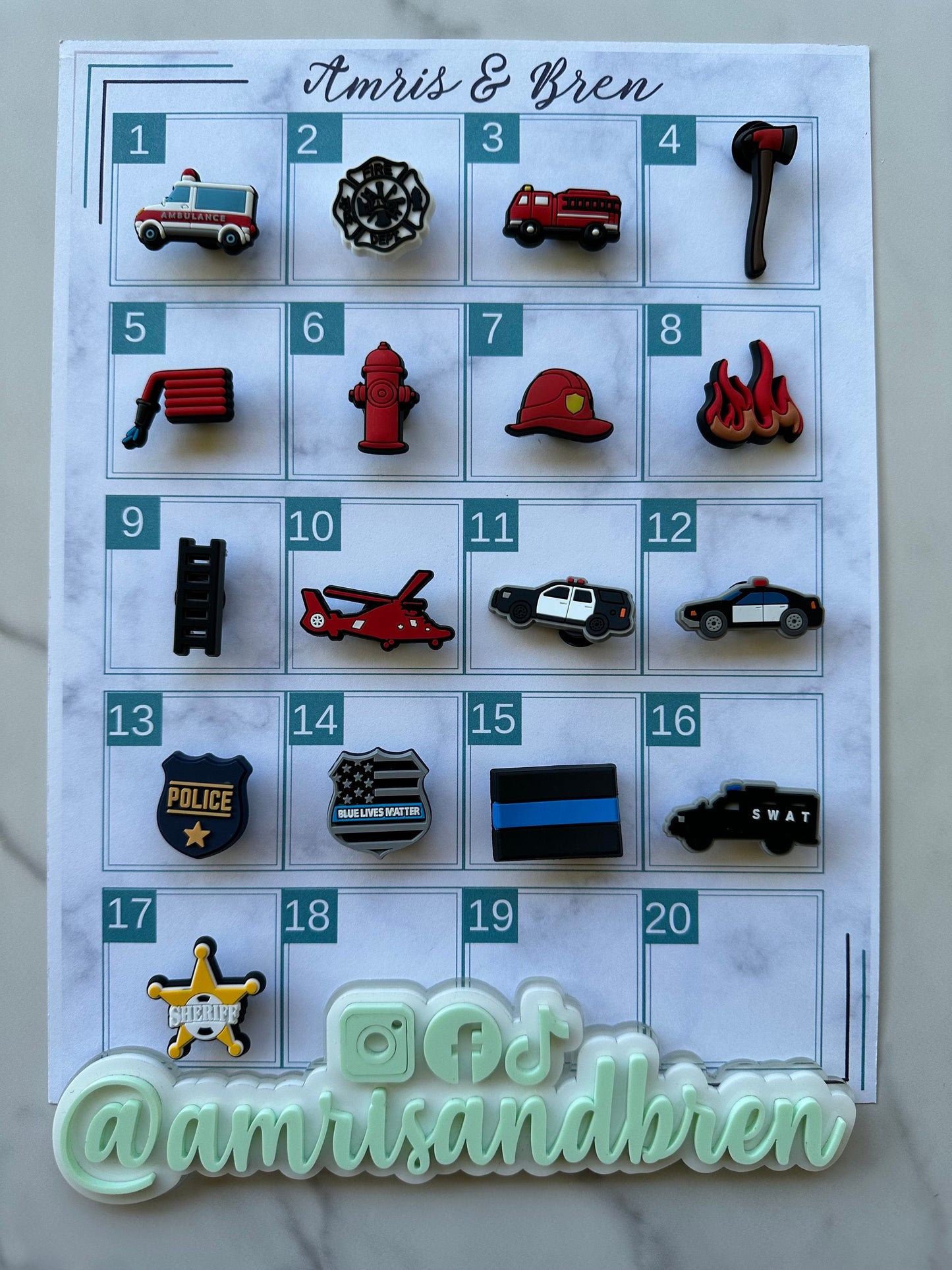 Police themed charms for your crocs, sheriff star charm for crocs, croc compatible firefighter themed shoe charms, police car charm