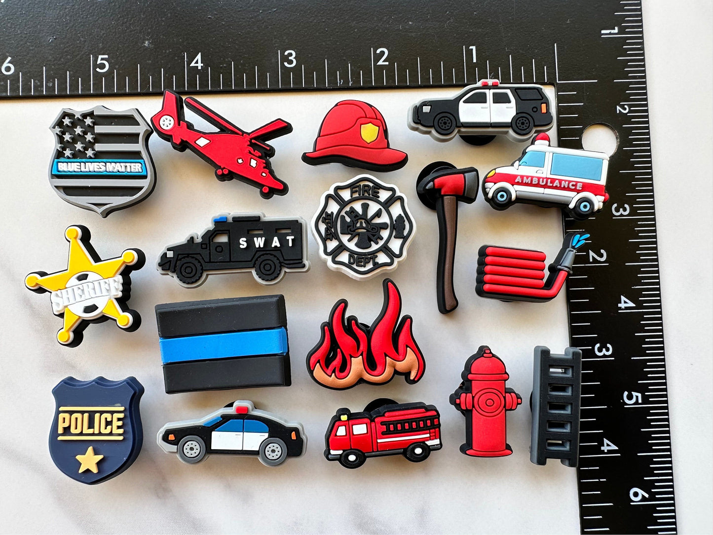 Police themed charms for your crocs, sheriff star charm for crocs, croc compatible firefighter themed shoe charms, police car charm