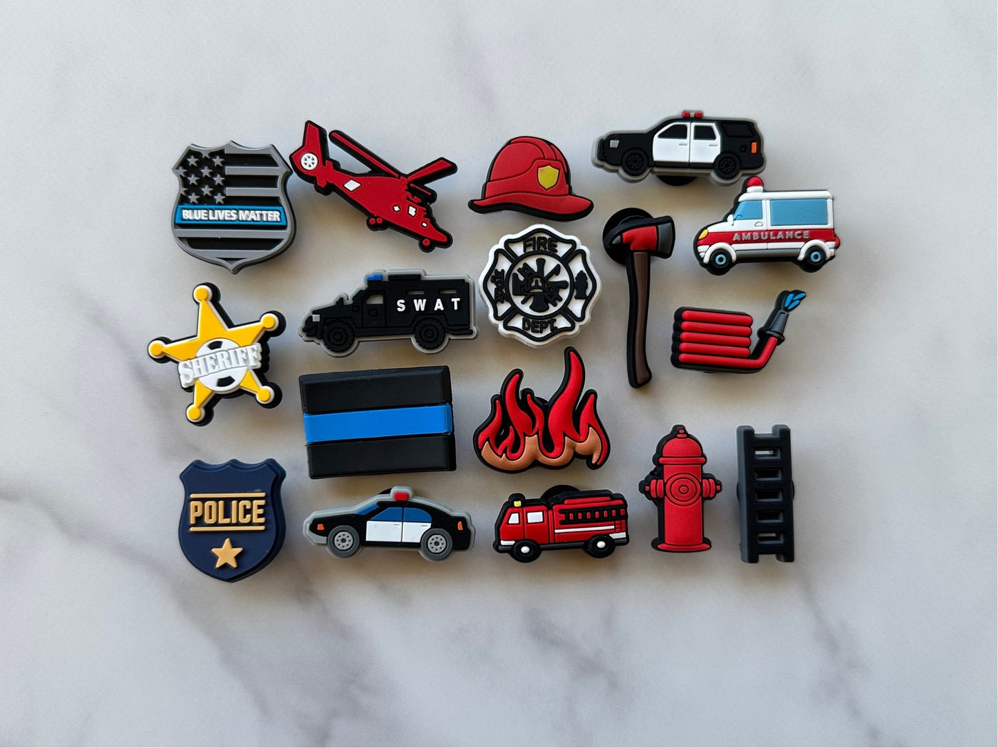 Police themed charms for your crocs, sheriff star charm for crocs, croc compatible firefighter themed shoe charms, police car charm