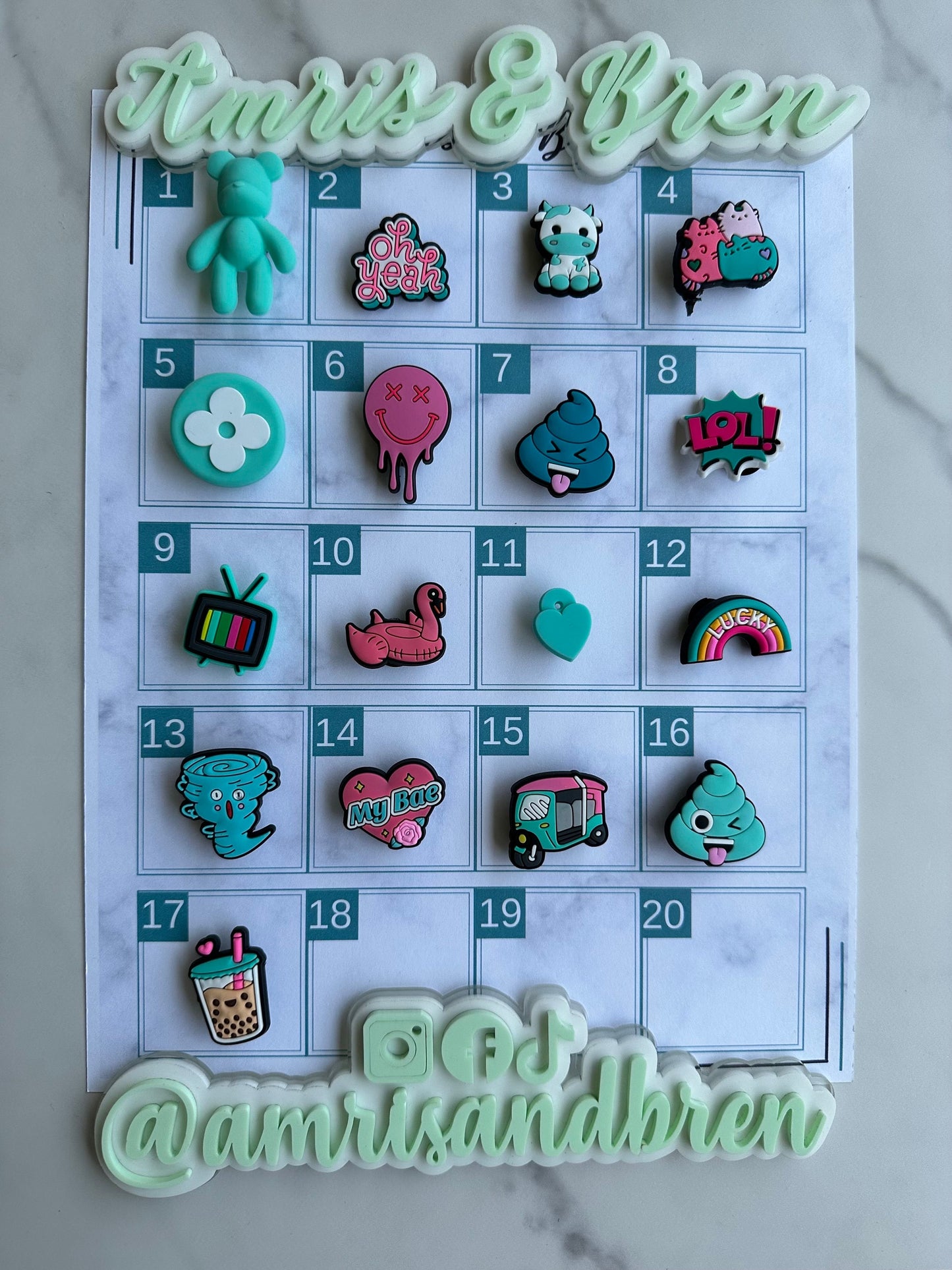 new trending pink and teal charms for your crocs, croc compatible teal and pink shoe charms, trending shoe charms, cute cow charm, boba tea