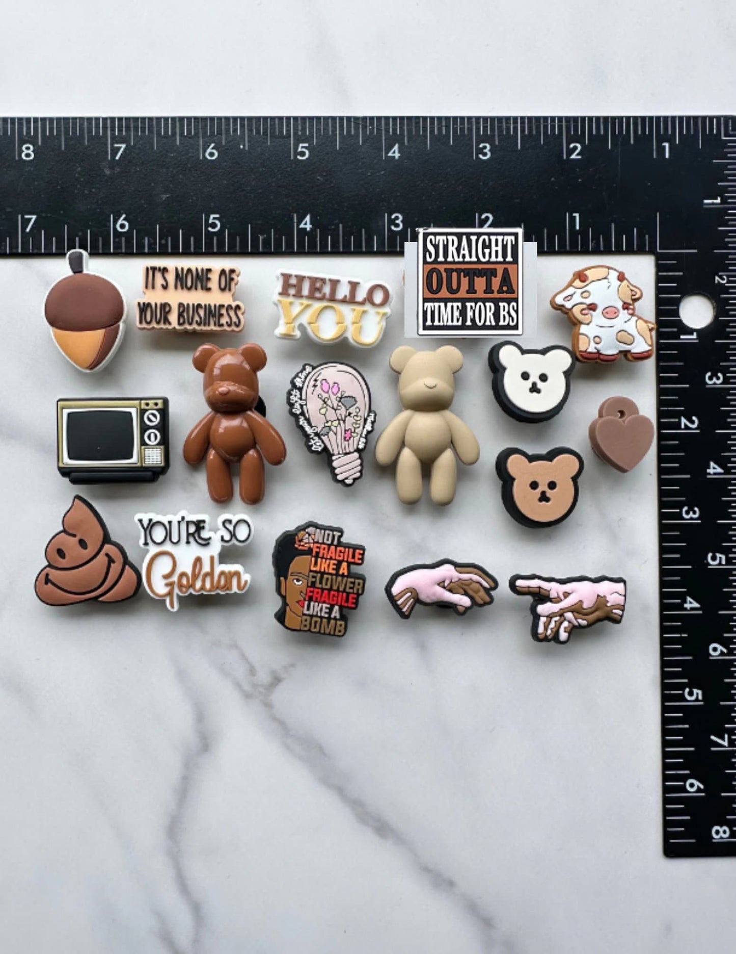 New trending neutral charms for your crocs, orange and brown clog charms, croc compatible shoe charms, bear face charms, flower charms