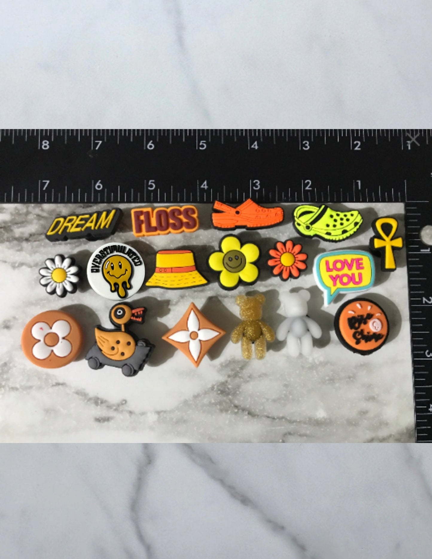 New trending yellow and orange charms for your crocs, croc compatible bucket hat shoe charm, yellow smiley face charm, clog charms