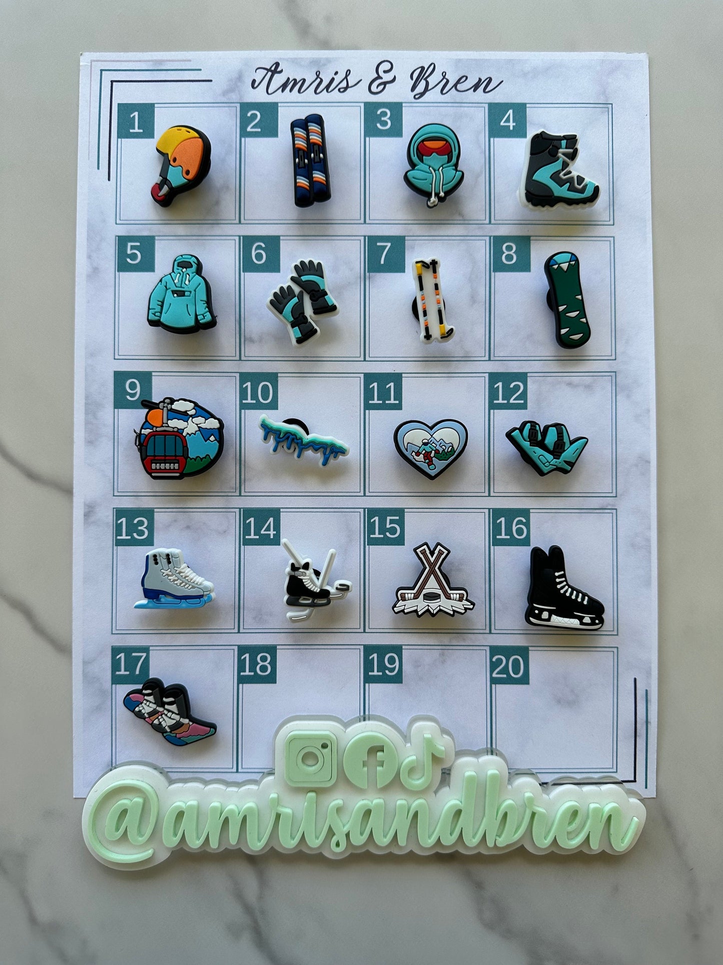 new winter sports themed shoe charms for your crocs, croc compatible snowboarding charms, skiing croc compatible charms, ice skating, hockey
