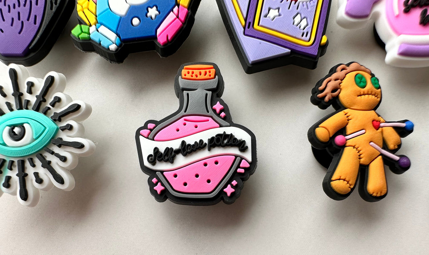 witch themed croc compatible shoe charms, trending magic clog charms, cute witch charms for crocs, moon water charms, moon charms, gems