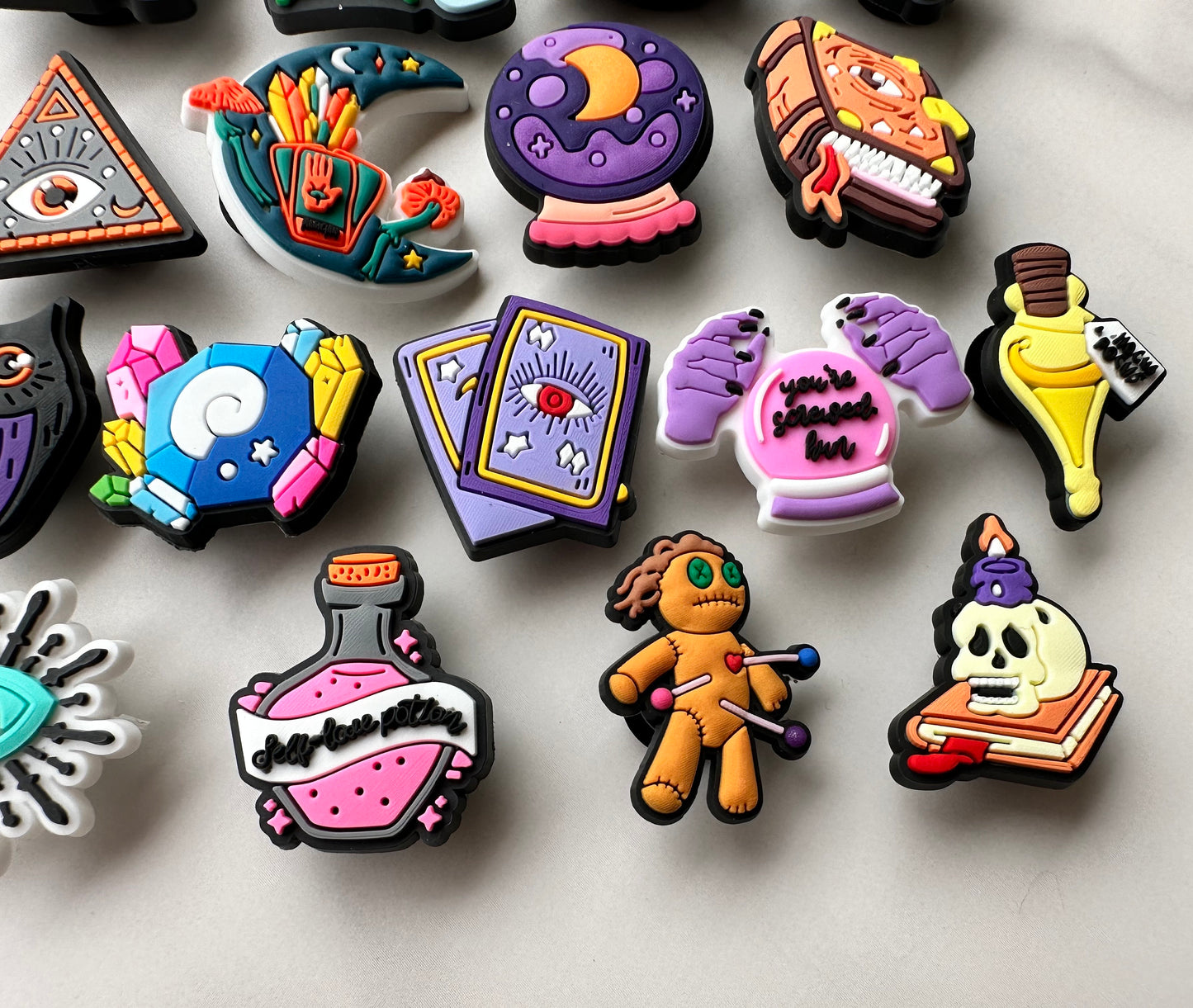 witch themed croc compatible shoe charms, trending magic clog charms, cute witch charms for crocs, moon water charms, moon charms, gems