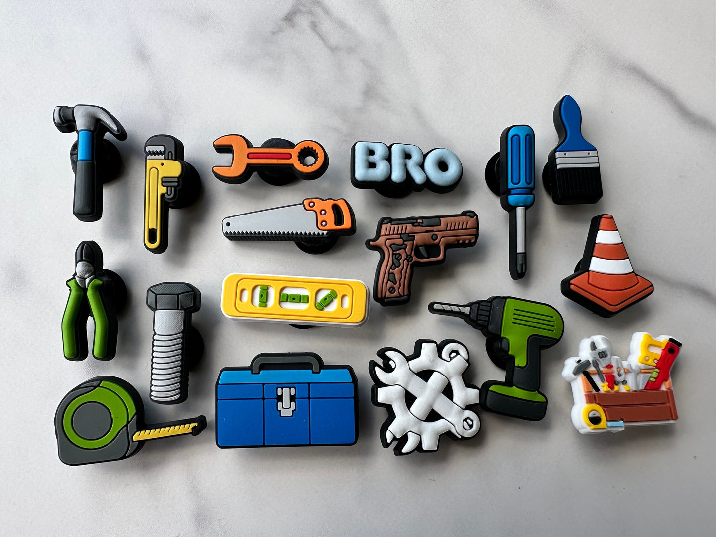 New popular charms for men, croc compatible charms for men, trending tool shoe charms, clog charms for handyman, hammer charm, tool charms
