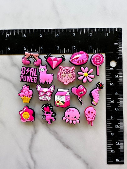 Brand new pink croc compatible shoe charms, girly shoe charms, cute pink and blue shoe charms, trending shoe charms for crocs