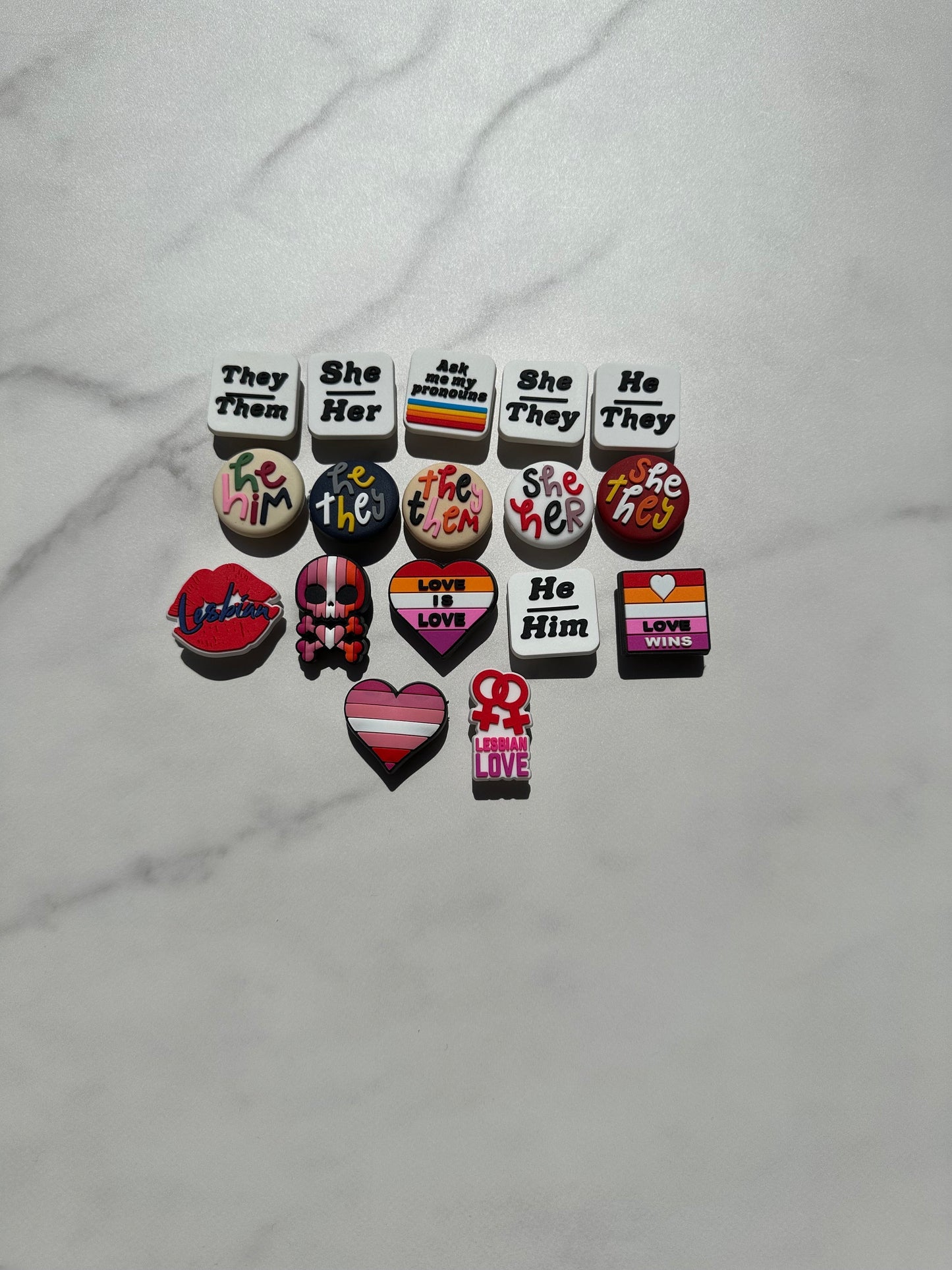 New popular pronoun shoe charms, trending lesbian themed shoe charms, pride croc compatible charms, rainbow clog charms for your crocs