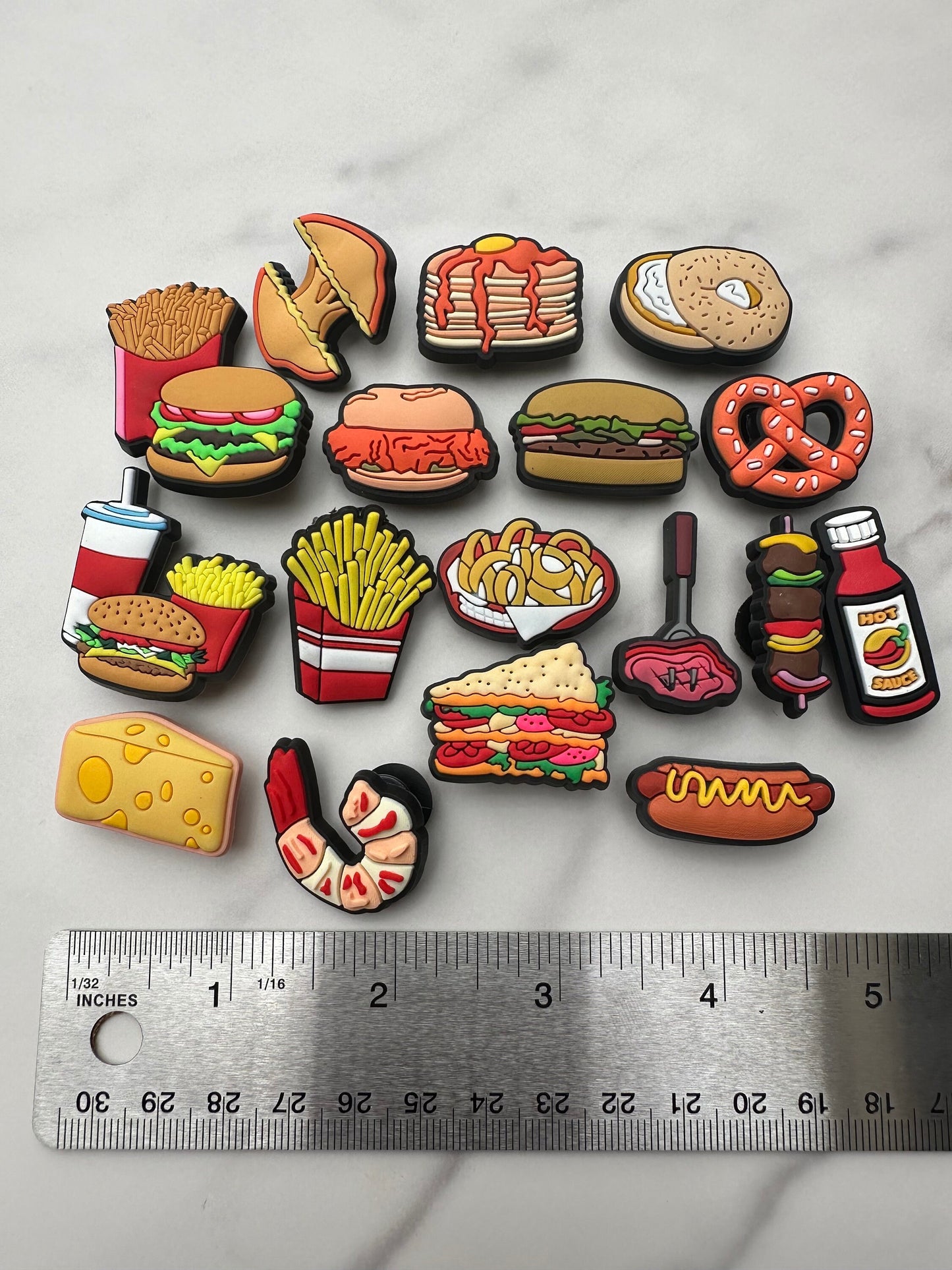 New trending food charms for your crocs, croc compatible fried food, american food clog charms, grilled cheese, onion rings