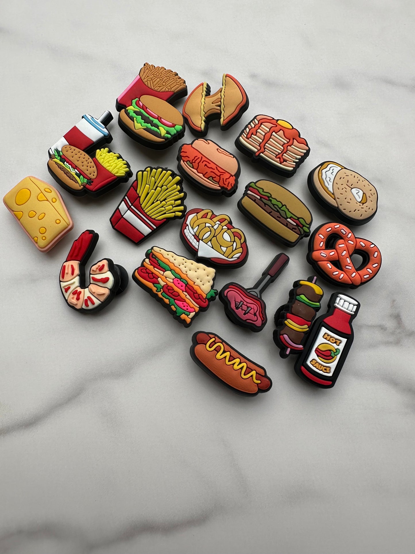 New trending food charms for your crocs, croc compatible fried food, american food clog charms, grilled cheese, onion rings