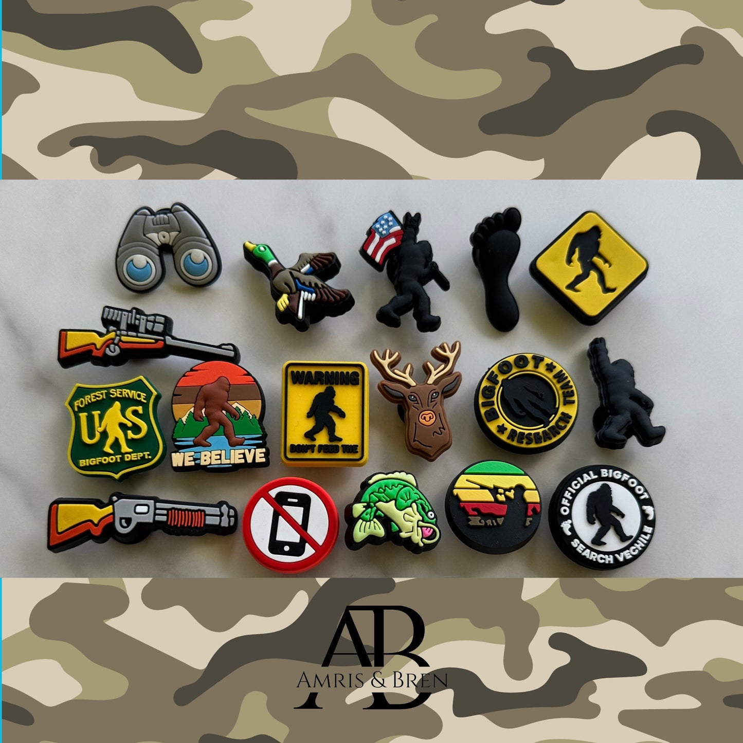 Hunting themed Croc compatible shoe charms, charms for crocs, Bigfoot shoe charms, shoe charm decor, DIY custom crocs