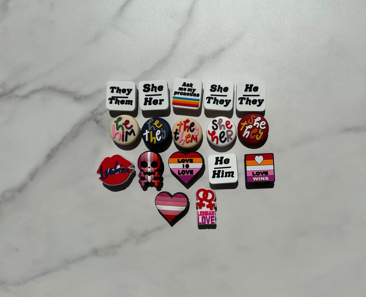 New popular pronoun shoe charms, trending lesbian themed shoe charms, pride croc compatible charms, rainbow clog charms for your crocs