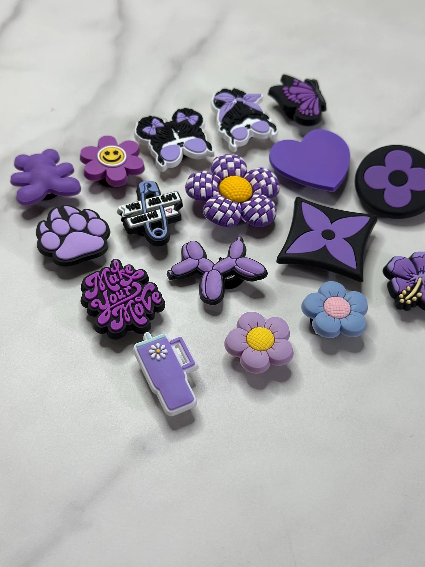 Purple shoe charms, cute trending purple shoe charms for Crocs, Purple and black Croc compatible charms