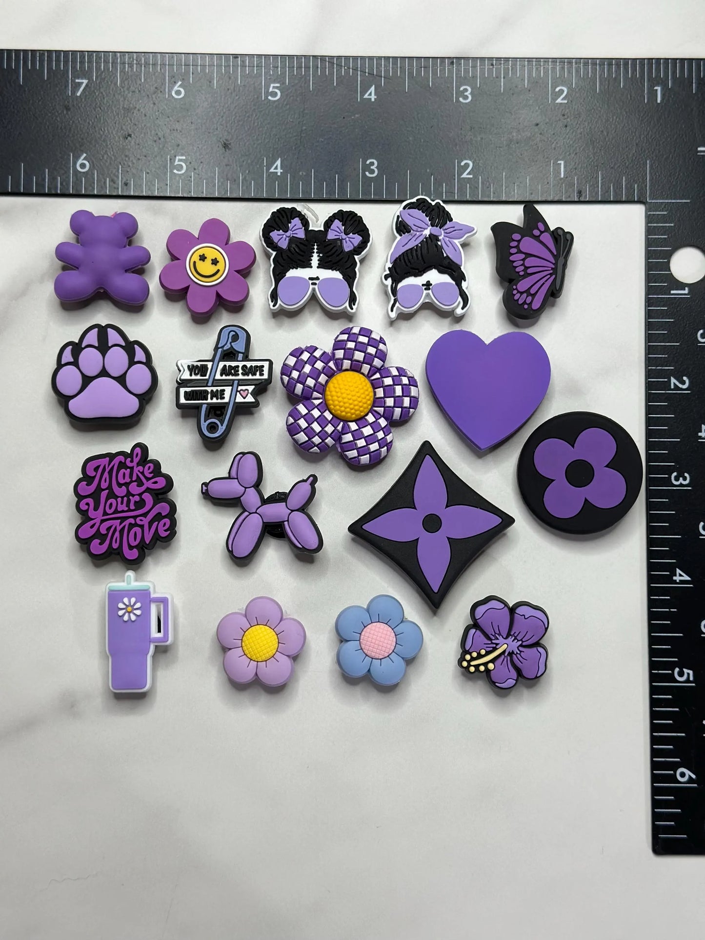 Purple shoe charms, cute trending purple shoe charms for Crocs, Purple and black Croc compatible charms