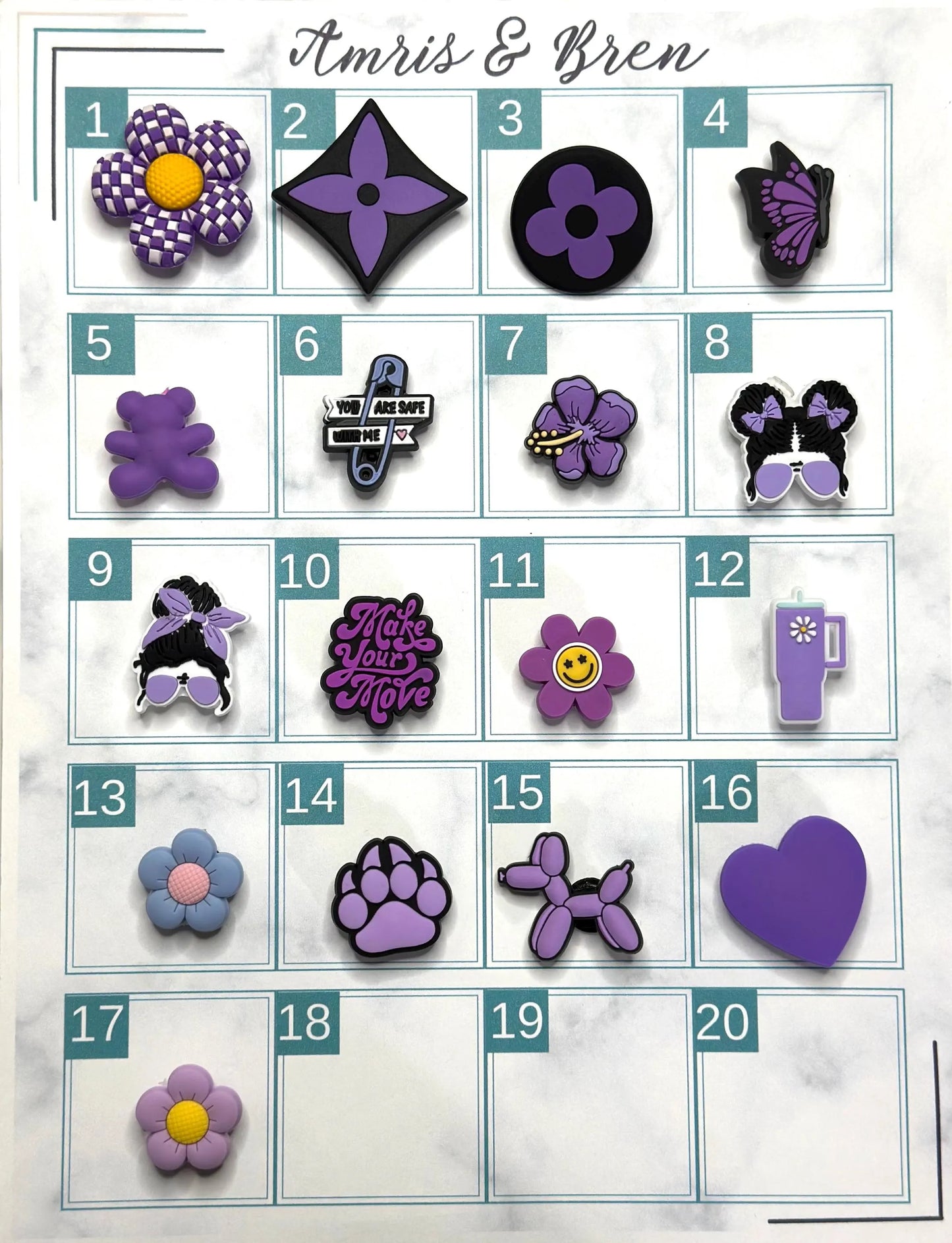 Purple shoe charms, cute trending purple shoe charms for Crocs, Purple and black Croc compatible charms