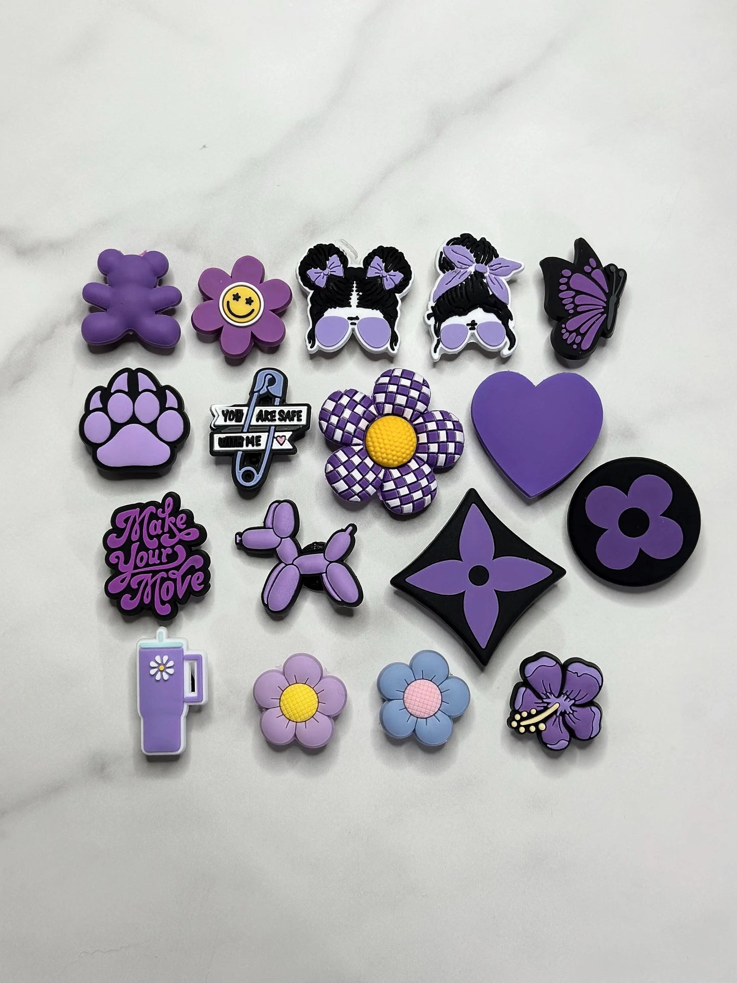 Purple shoe charms, cute trending purple shoe charms for Crocs, Purple and black Croc compatible charms