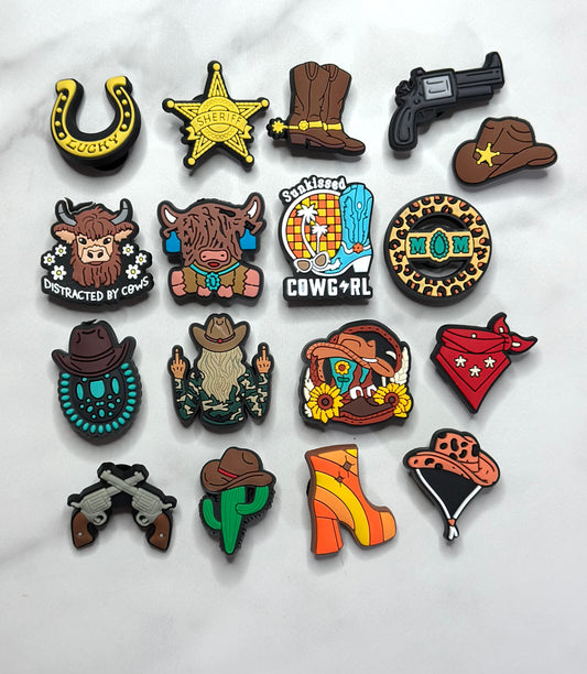Western cowgirl themed shoe charms, Cowboy Croc compatible charms, cow shoe charms for Crocs