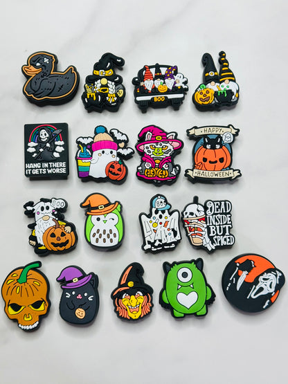 Halloween themed shoe charms for Crocs, Croc compatible diy fall shoe decor, ghosts, pumpkins, skulls, and more